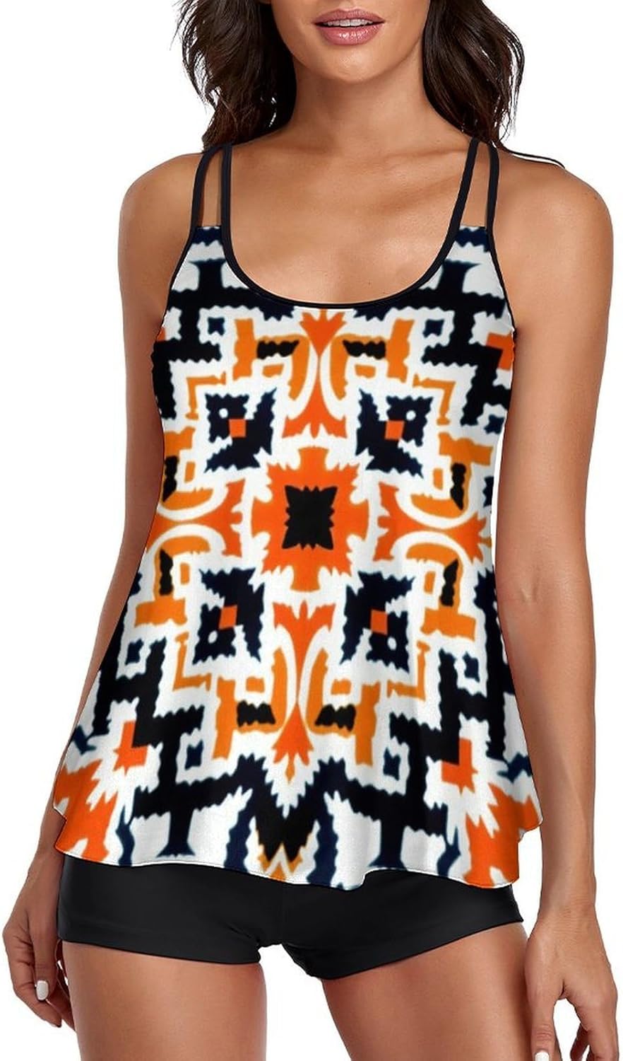 Women's Adjustable Strap Tankini Set, 2 Piece Tummy Control Swimsuit with Tank Top and Shorts