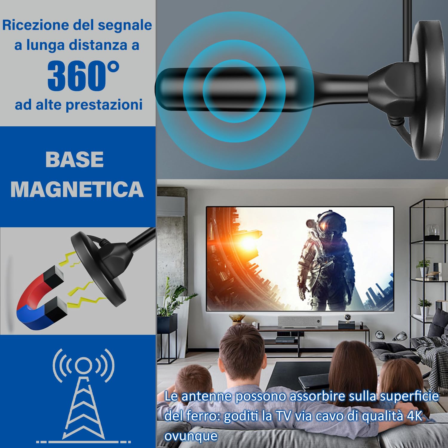 Antenne TV Intérieur Puissante, Nouveau pour 2026 Antenne TNT HD avec Amplificateur de Signal Intelligent, Réception 360° Longue Portée 500km, Compatible pour Toutes Les Chaînes Gratuites