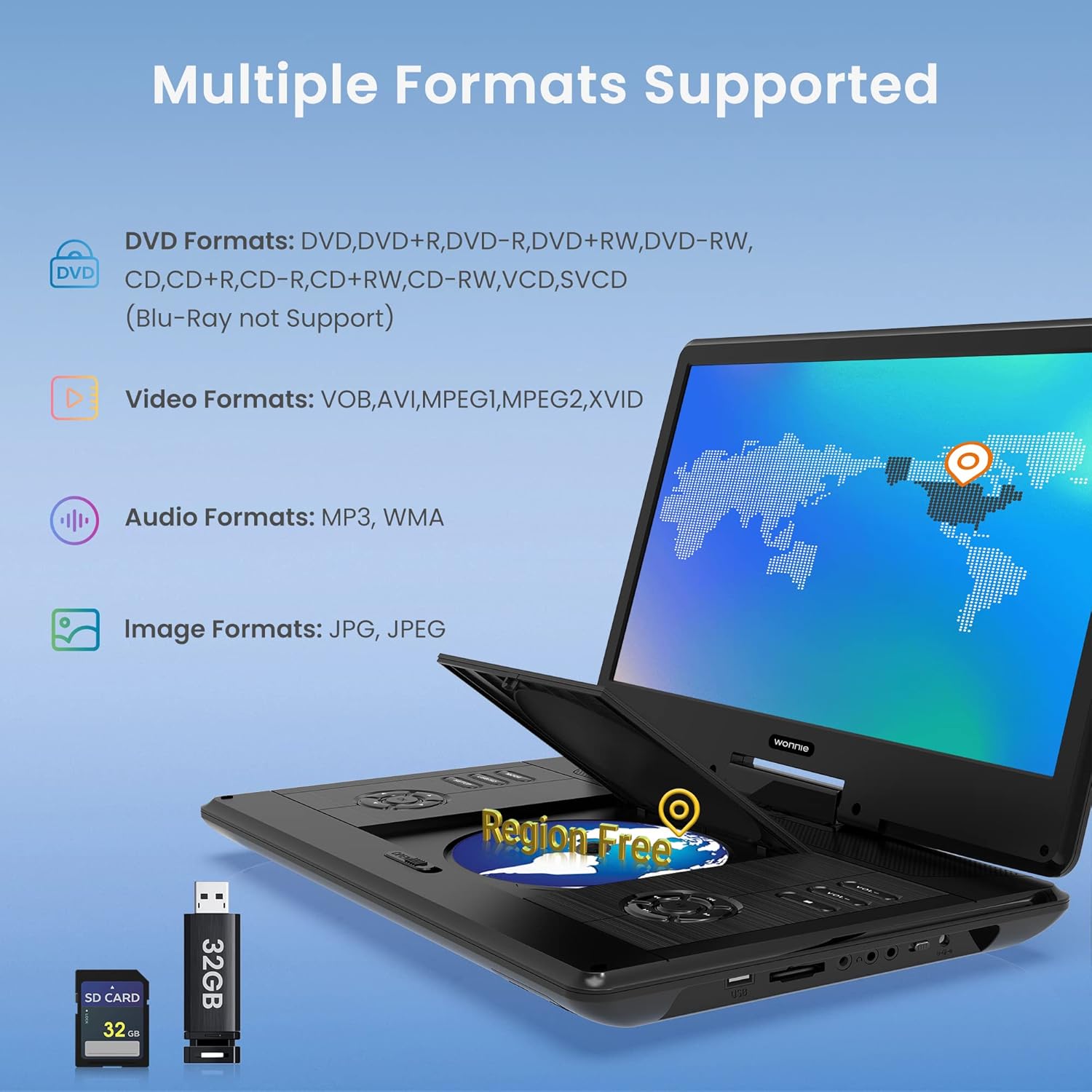 WONNIE Portable Blu-ray Player and Portable DVD Player with 14.1" Large HD Swivel Screen Bundle