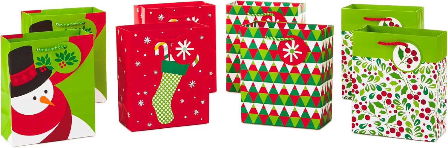 Hallmark Small Christmas Gift Bags, 8-Pack (Snowman, Stocking, Holly)