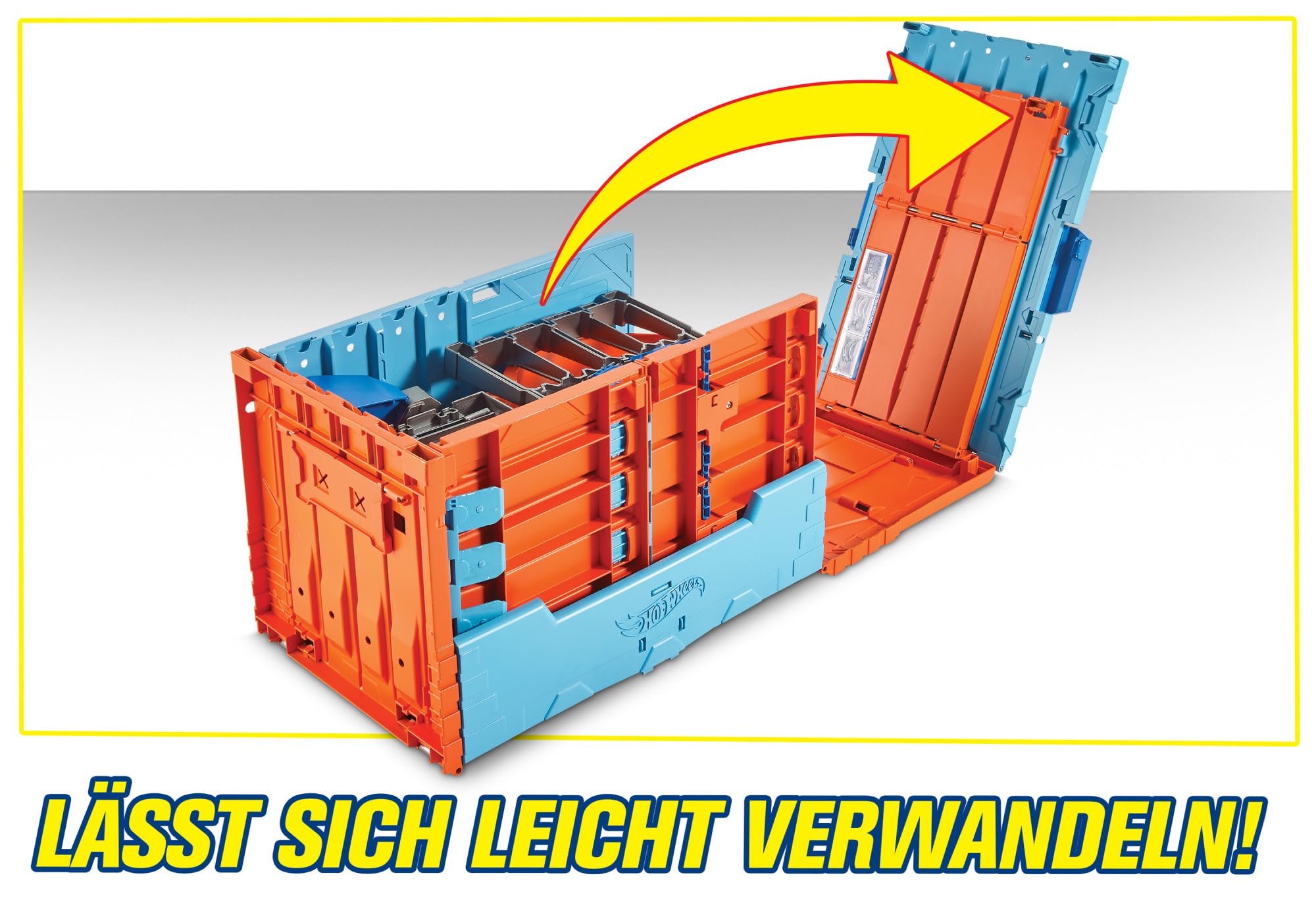 Hot Wheels Bahn Track Builder, Rennkiste (3 Stunts in 1 Set) zum Bauen von Autorennbahnen für Hot Wheels Autos, inkl. 2 Spielzeugautos, Auto Spielzeug, Spielzeug ab 6 Jahre, GKT87