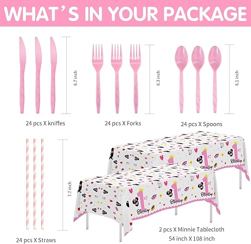 Miniatura 3 de Suministros para fiesta de primer cumpleaños de Minnie Theme Mouse - Vajilla, plato, taza, servilleta, mantel, cubiertos, pajilla, suministros de