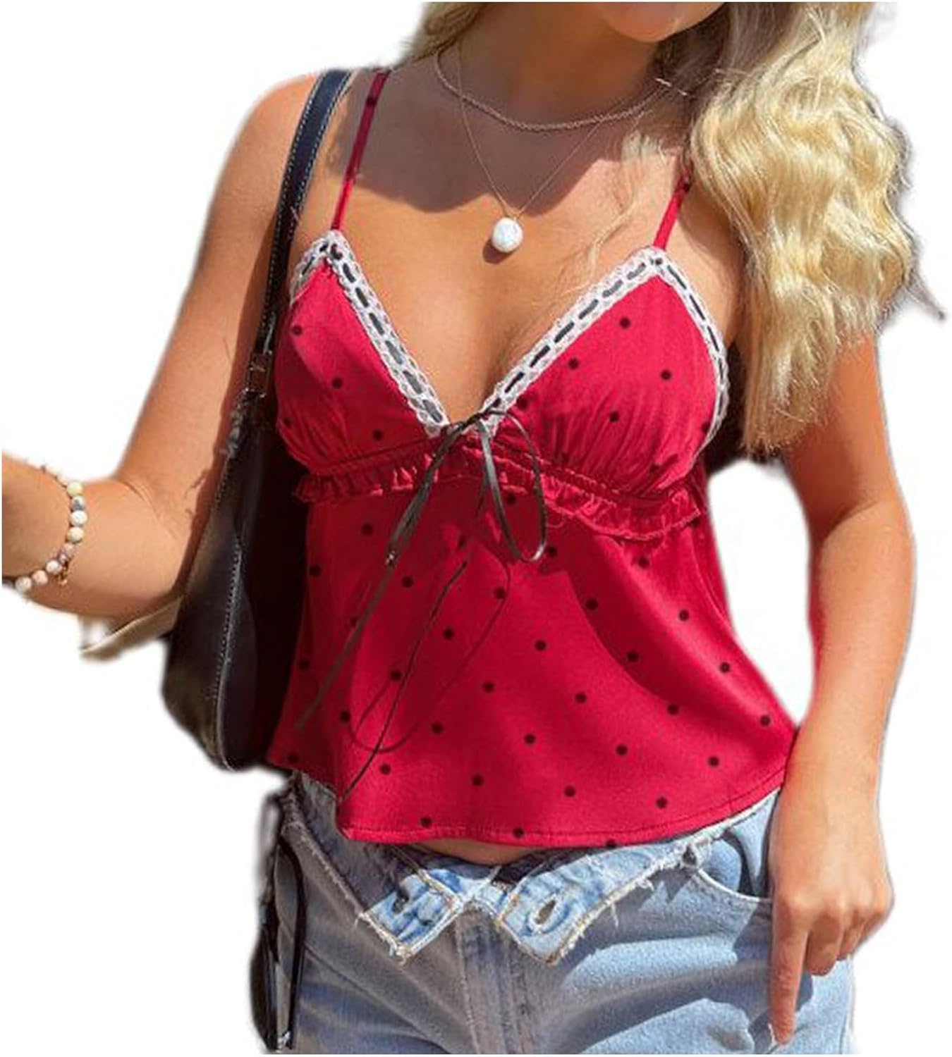 Women Polka Dot Cami Top Y2k Lace Trim Ruffled Hem Cami Top Adjustable Spaghetti Strap Polka Dot Bow Tie Camisole