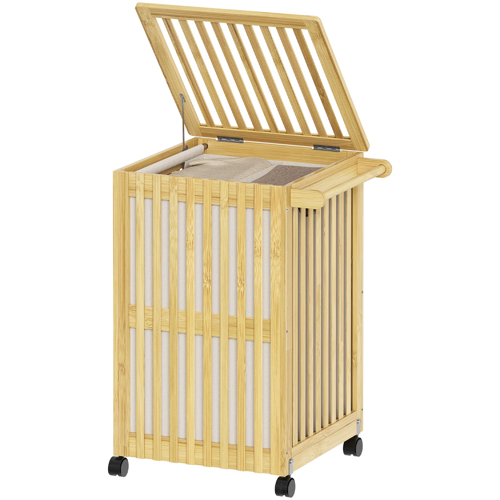 HOOBRO Cesto para Ropa Sucia de Bambú, Volumen 120 L, con Tapa y Asas, Cesta de Lavandería, Cesto para la Colada con Ruedas, Doble Compartimento con Bolsa Extraíble, Baño, Lavadero, Natural EYL60XY01
