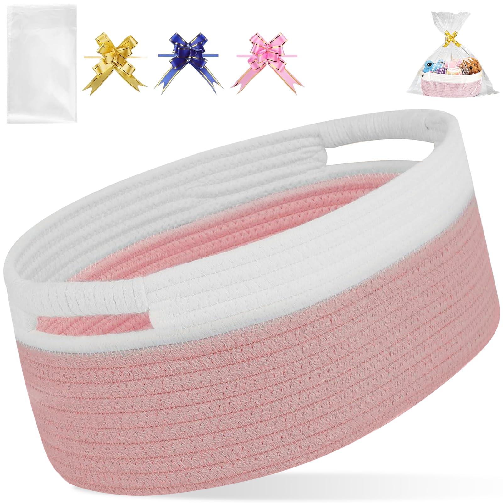 Gift Baskets, Woven Basket, 23x33x14cm Pink Basket with Gift Bags and Ribbons, Complete Cotton Rope DIY Hampers Set for Birthday, Wedding