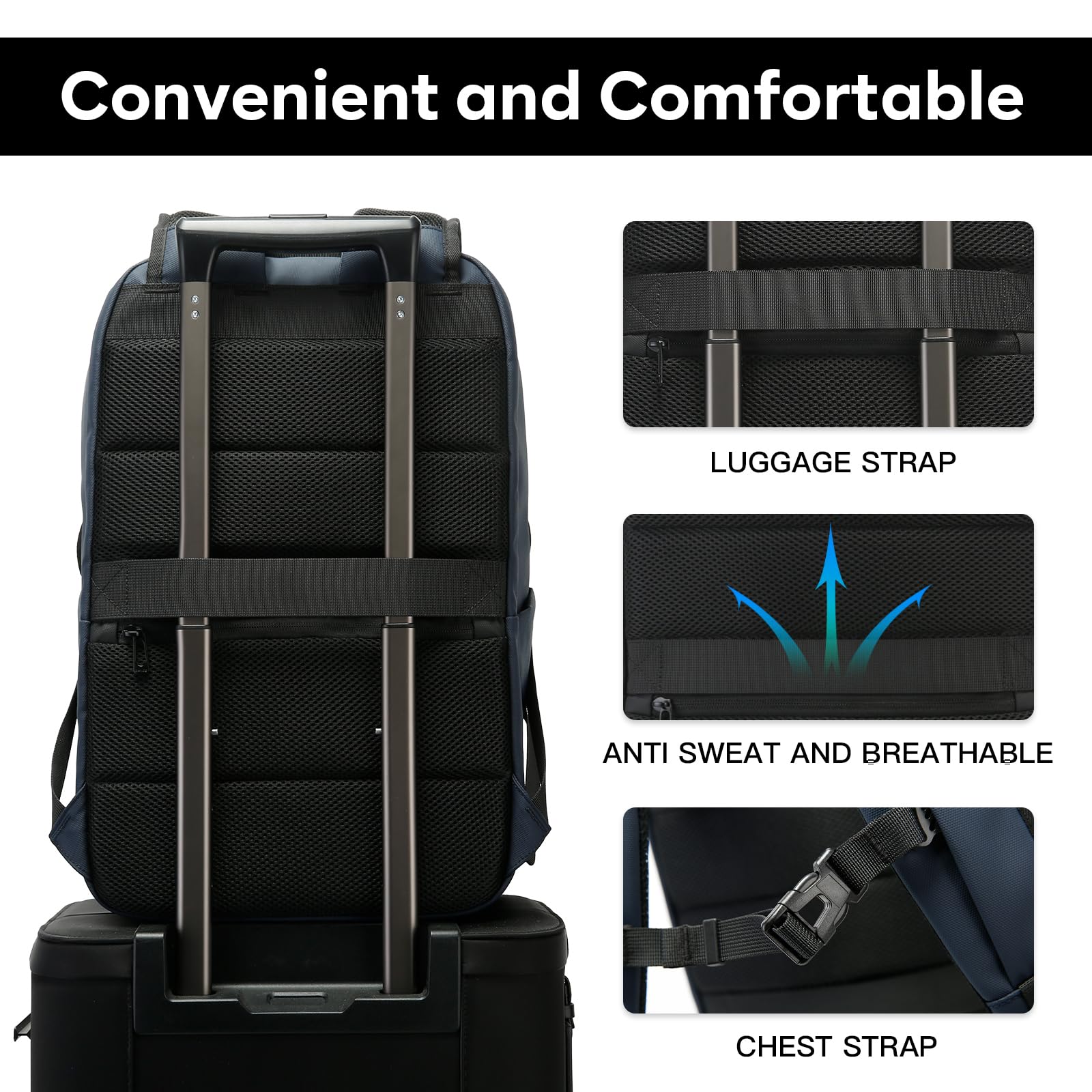 BANGE Sac à dos professionnel pratique pour hommes et femmes, pour ordinateur portable jusqu'à 15,6 pouces, étanche, idéal pour le travail, les déplacements et les voyages, format cabine, bleu