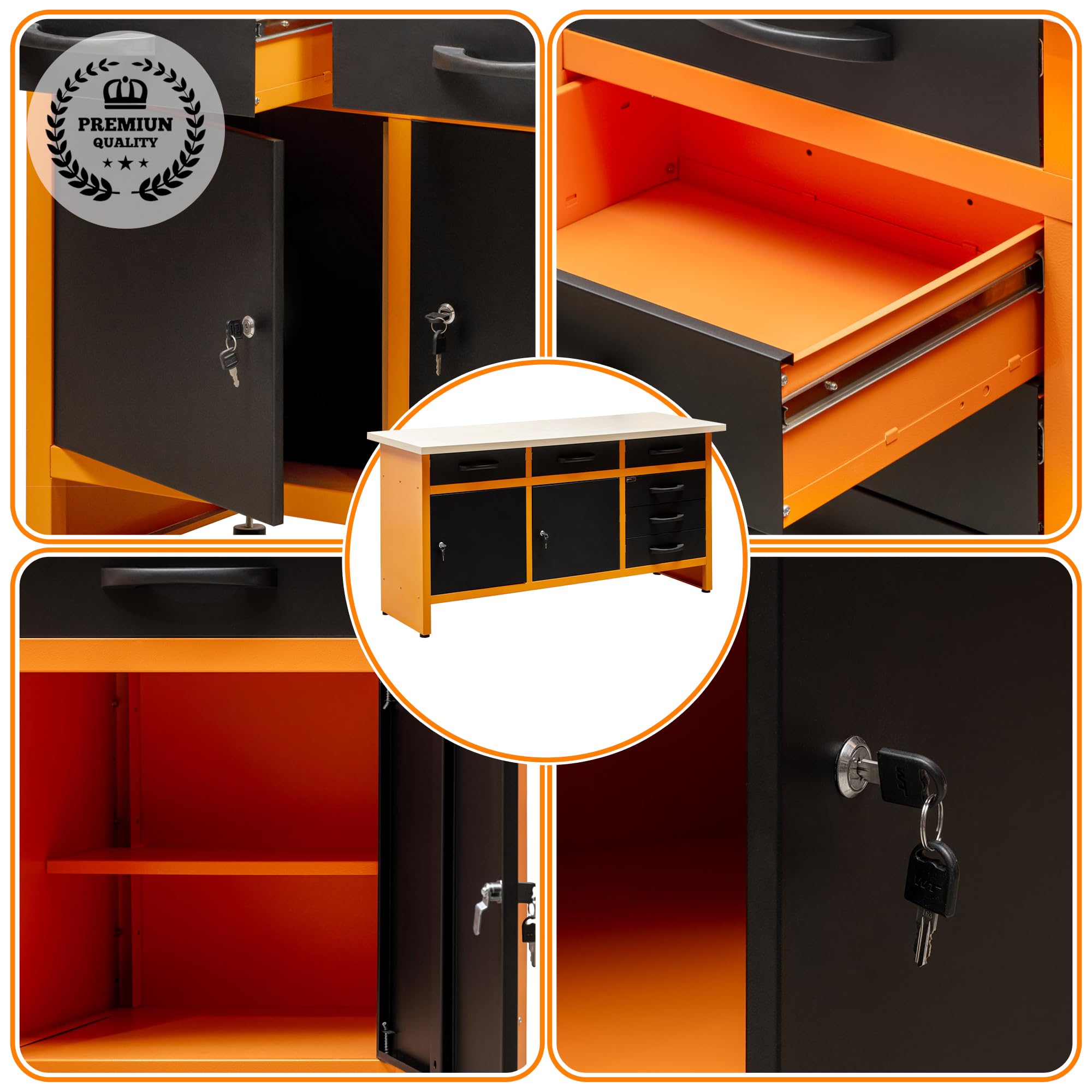 METALLMOBELL - Banco da Lavoro Officina, 160x60x84cm, con Cassetti e Armadietto, Tavolo da Lavoro Garage, Banchetto da Lavoro, Banco da Falegname, Banco da Lavoro Garage, Banco Lavoro MB010N