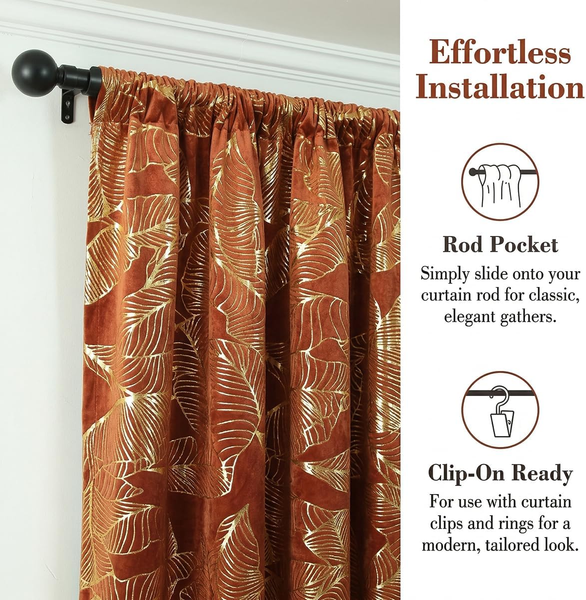 Burnt Orange Velvet Curtains Leaf Gold Foil Print 84" Long Soft Shiny Thick Fabric Insulated Blackout 70% Decorative Luxury Living Room Elegant Bedroom Rod Pocket 2 Panel (52" W x 84" L)