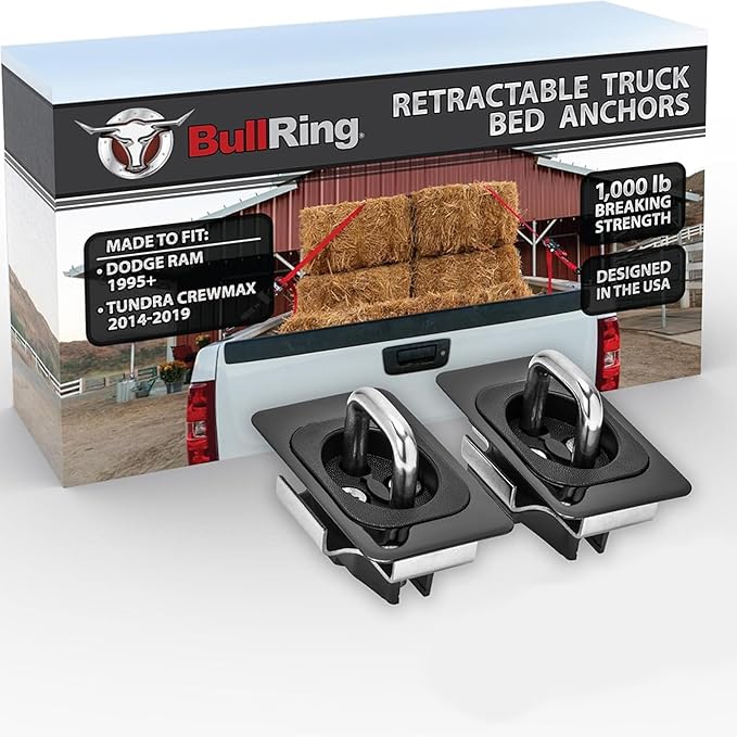 Bull Ring Retractable Flush Fit Truck Bed Tie Down Anchors, Built for 1995+ Dodge Ram & 2014-2019 Tundra Crew Max, Rail Cap Trim Required to Install, 1,000lbs. Rated Capacity (1 Pair)