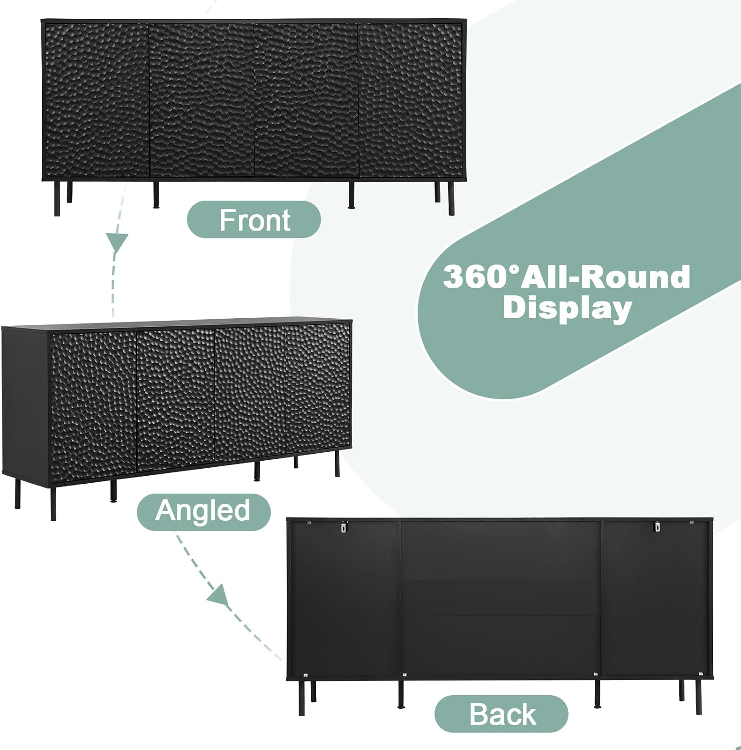 ANJ Buffet Cabinet with Storage, 63 Inch Modern Coffee Bar Console Table with Adjustable Shelves, Kitchen Storage Cabinet for Living Room,Textured Honeycomb Pattern, Black