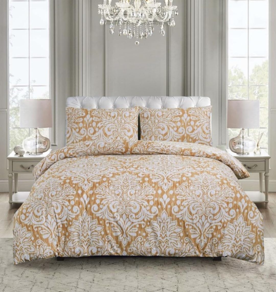 BQC Duvet Cover Set 3 Piece Microfibre Quilt Cover with Pillow Cases, Ultra Soft Easy Care Machine Washable Bedding Set (Royal Damask Gold, Super King)