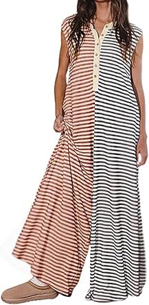 loveimgs Women Cotton Loose Sleeveless Striped Wide Leg Jumpsuit Jumper Button Summer Rompers Baggy Overalls Comfy