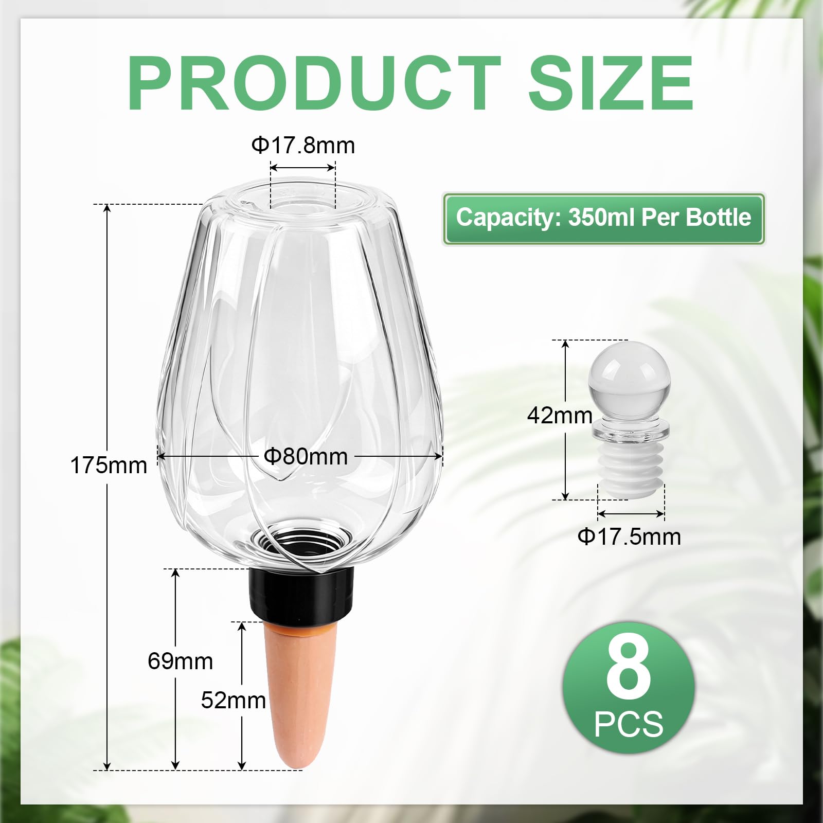 EXLECO Kulki do podlewania z pokrywką, 350 ml, dozownik wody, rośliny, 8 sztuk | Nawadnianie wodą z glinianymi końcówkami, system nawadniania roślin domowych