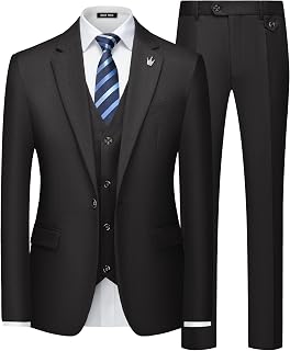 Mens Suits Slim Fit 3 Piece Tuxedo Suit One Button Solid Prom Wedding Party Blazer Vest Pants Set with Tie