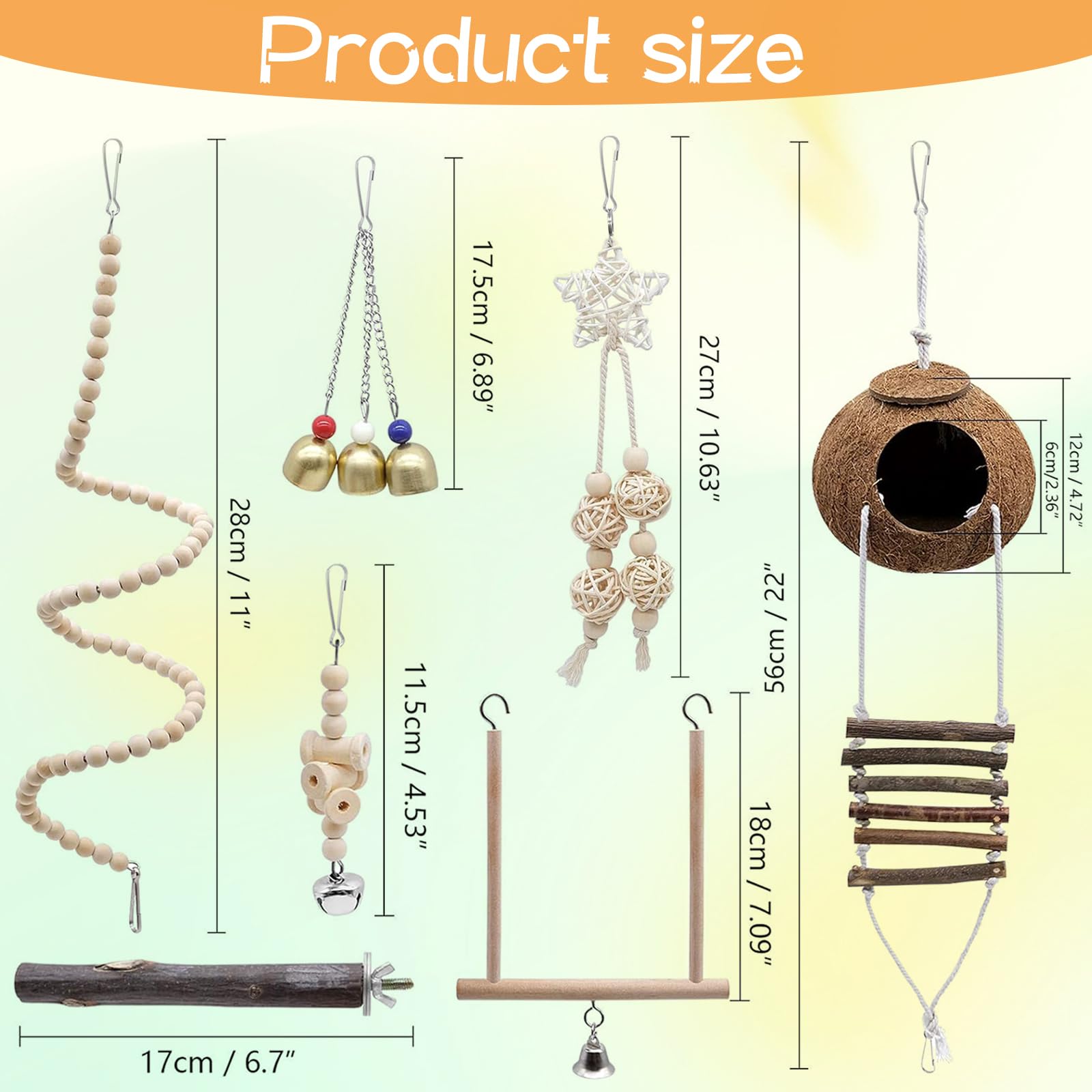 Jouets en Bois pour Perroquets en Coque de Noix de Coco, Lot de 7 Accessoires à Suspendre avec Perchoir, Balançoire et Cloche à Mâcher pour Perruches, Calopsittes et Conures