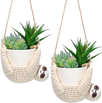Patelai 2 Pieces Crochet Sloth Hanging Planter Plant Hanger Holder | Handmade Crochet Holders, Indoor Outdoor Decor, Flower Pot Not Included, Cute Sloth Design, Fits Small Planters