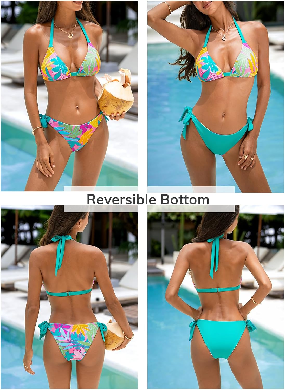 CUPSHE Women's Bikini Sets Two Piece Swimsuit V Neck Reversible Bottom Halter Self Tie Back Hook