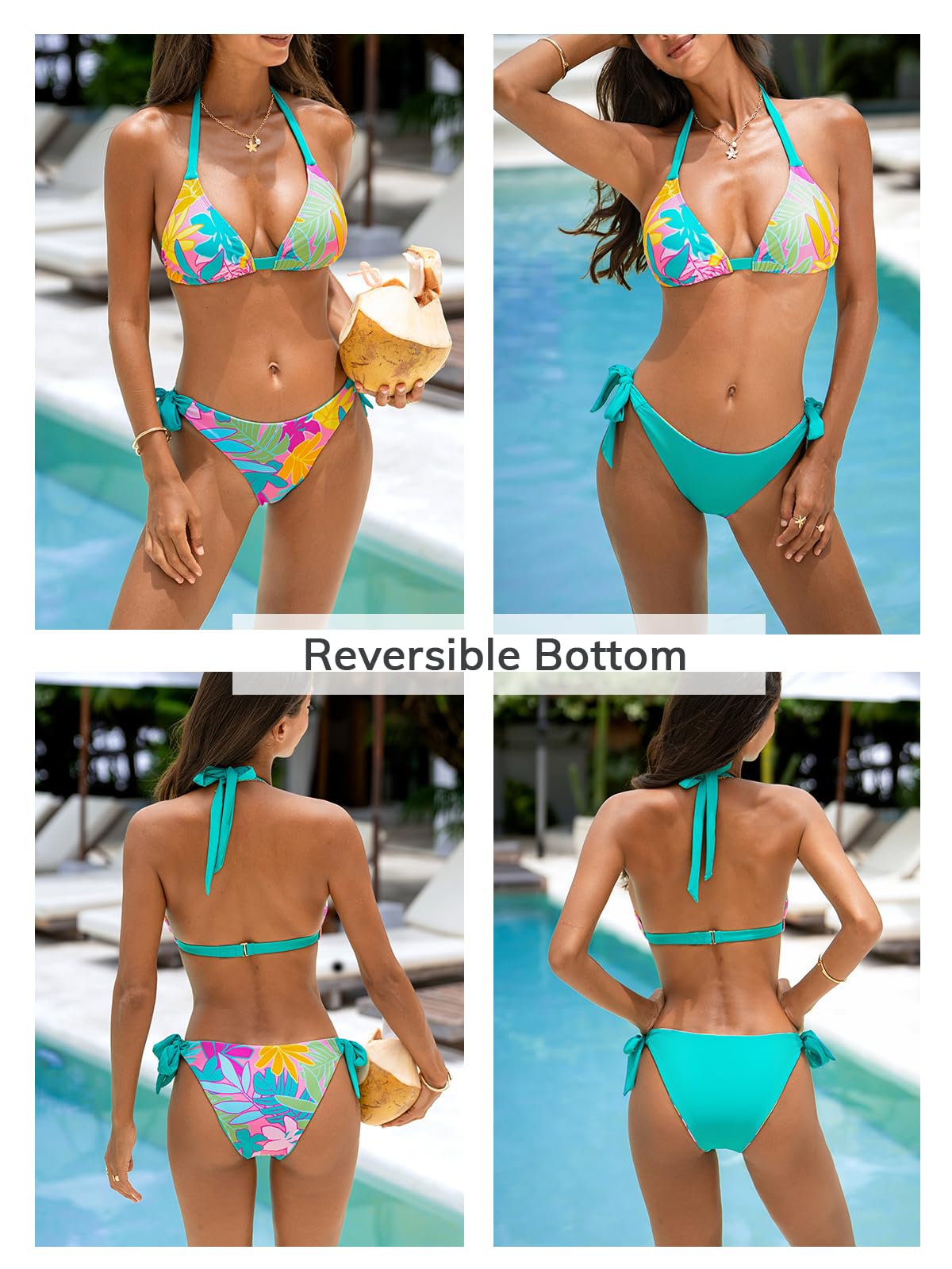 CUPSHE Damen Bikini Set V Ausschnitt wendbarem Höschen Neckholder und selbstbindendem Rückenverschluss Zweiteiliger Badeanzug