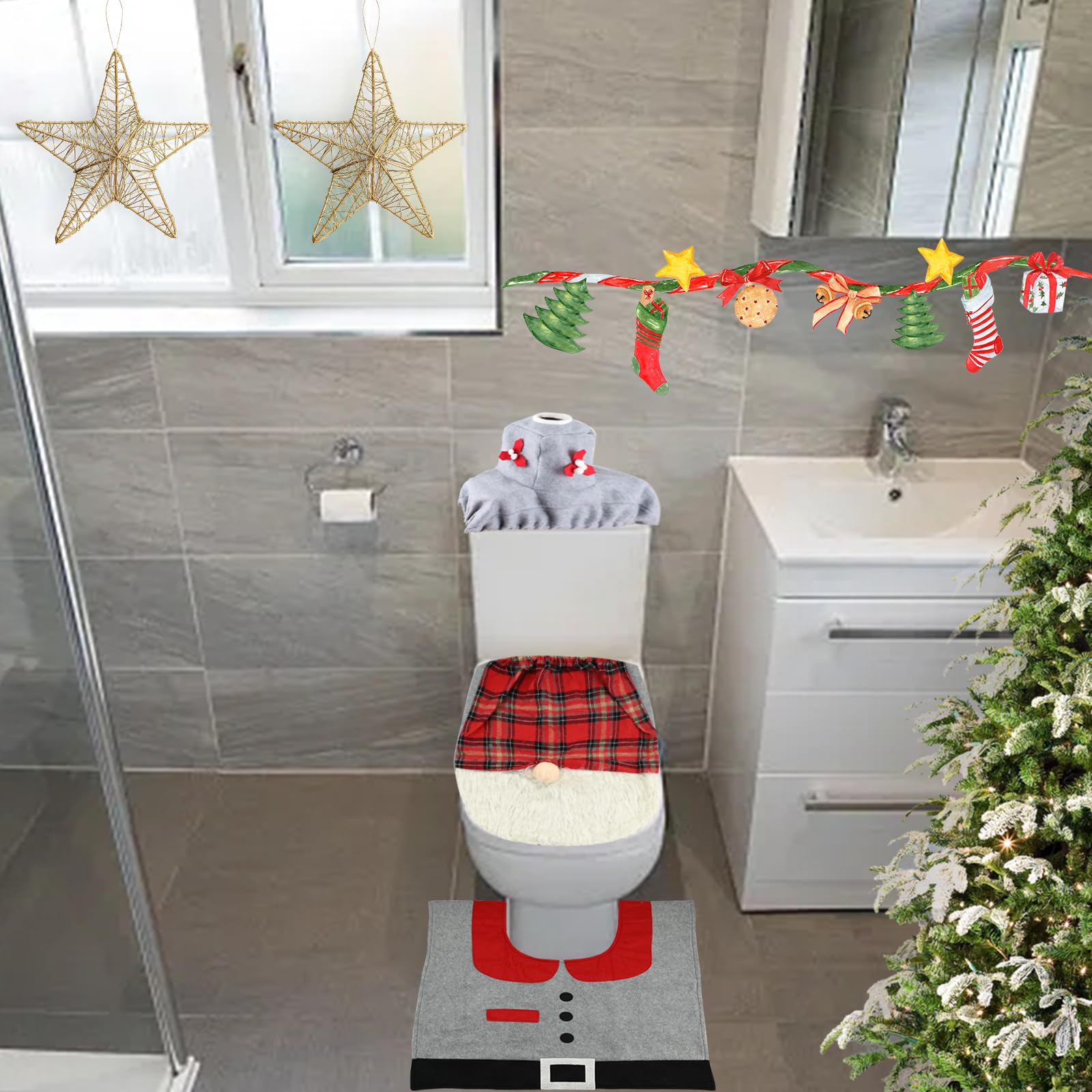 Décoration Toilette Noël – Housse Siège Père Noël + Tapis Assorti – Tissu Non Tissé Lavable – Pour Salle De Bain Festive – Cadeau Déco Amusant