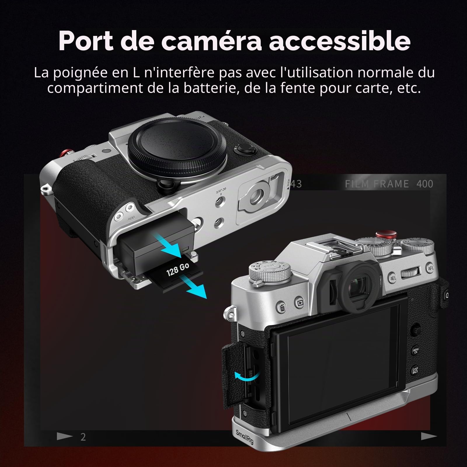 SMALLRIG Poignée en L pour FUJIFILM X-T30 III/X-T30 II/X-T30, avec Plaque de Dégagement Rapide Intégrée pour Arca-Swiss, Pas de Vis 1/4"-20, Poignée Ergonomique, Bouton de Déclenchement, Argent