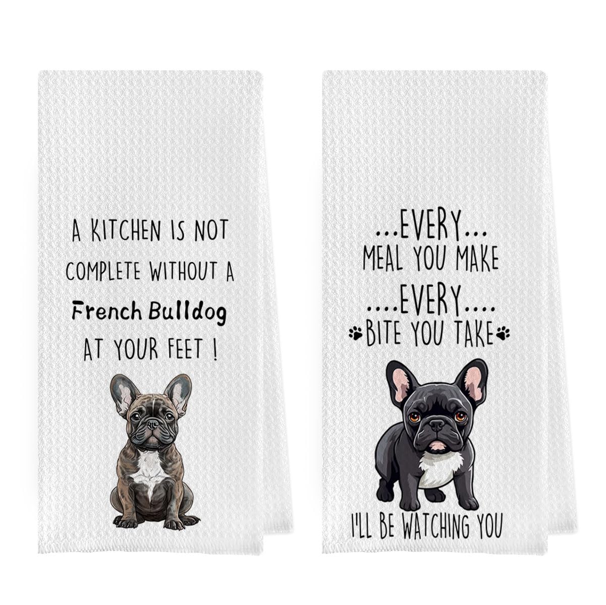 French Bulldog Dish Towels Set - Funny Frenchie Waffle Weave Kitchen Towels, French Bulldog Decorative Hand Tea Towels for Bathroom Kitchen (16×24 Inches Set of 2)