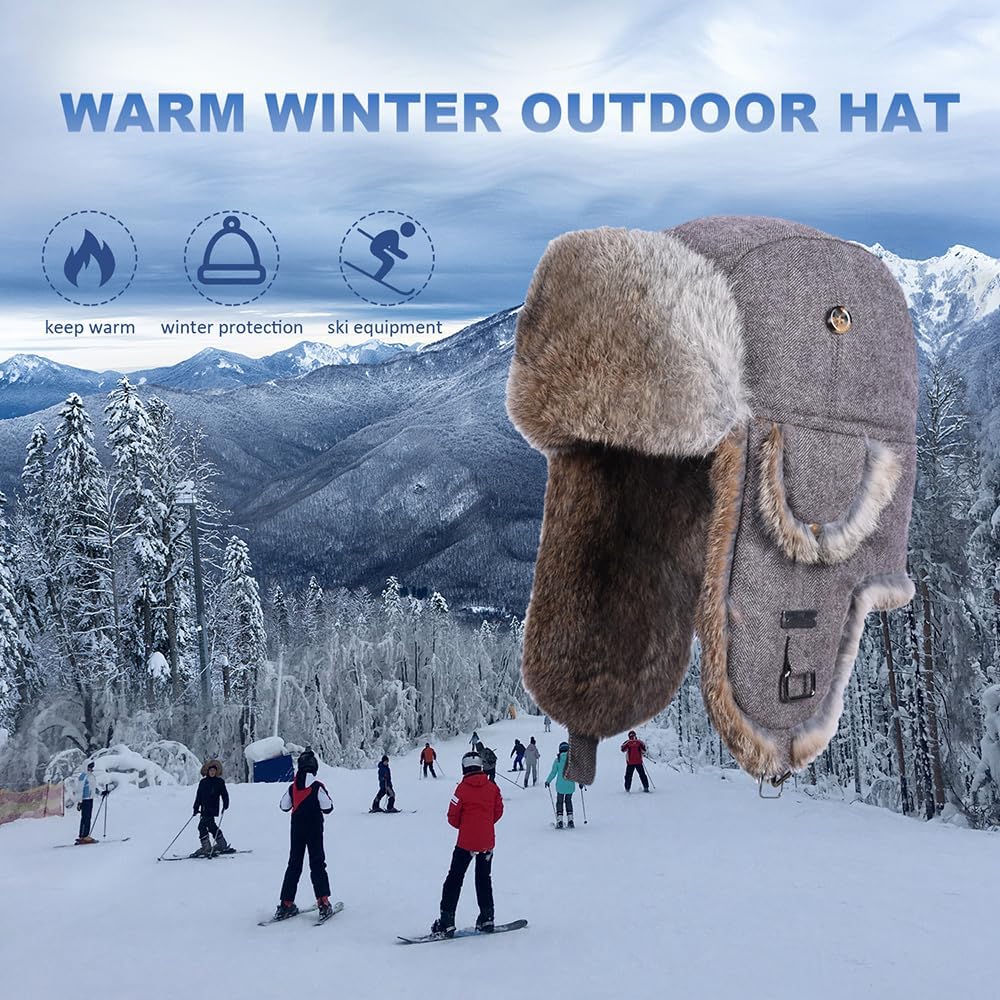 Fur Winter Trapper Hat,100% Rabbit Fur Aviator Ski Trapper Trooper Pilot Hat,Snow Eskimo Hat with Ear Flaps for Men & Women - Image 5