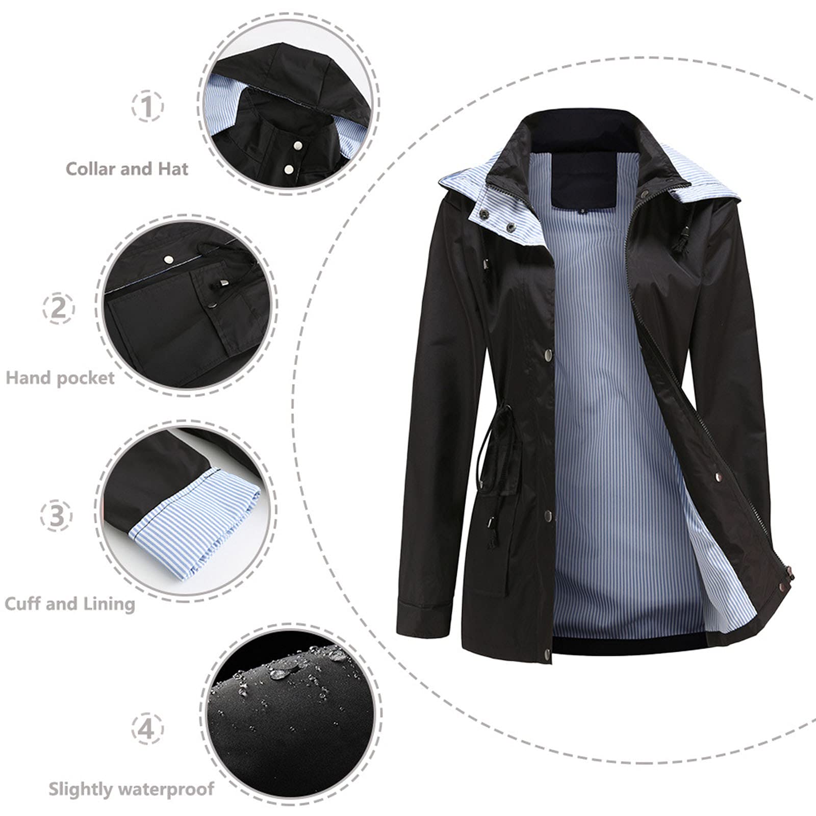 Generisch Chubasquero para mujer, impermeable, con capucha extraíble, para caminar al aire libre, para senderismo, chaqueta guardaespaldas