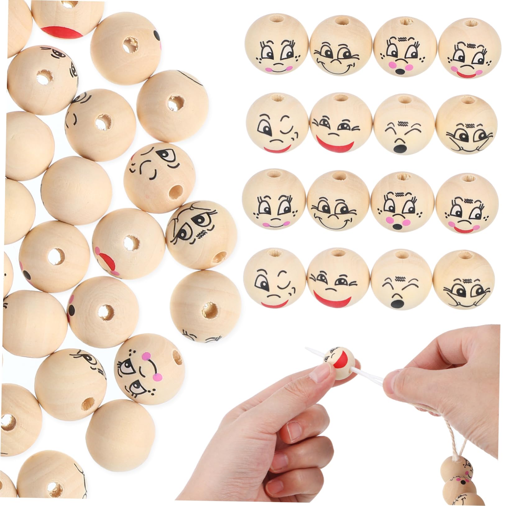 Hohopeti 80 Cuentas de Madera Redondas con Cara Sonriente y Agujeros Grandes para Manualidades, Pulseras y Creación de Guirnaldas