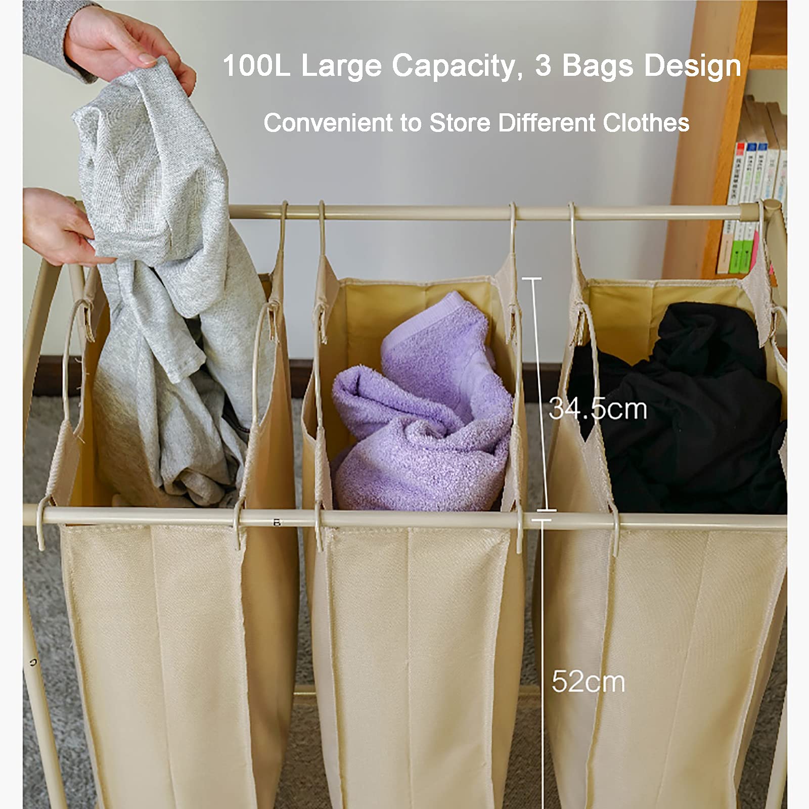 Carro clasificador de cesto de Ropa Sucia de 3 Bolsas, fácil de Mover, cesto de Ropa Sucia con Ruedas para Trabajo Pesado, Gran Capacidad, Tela Oxford Impermeable, Caqui