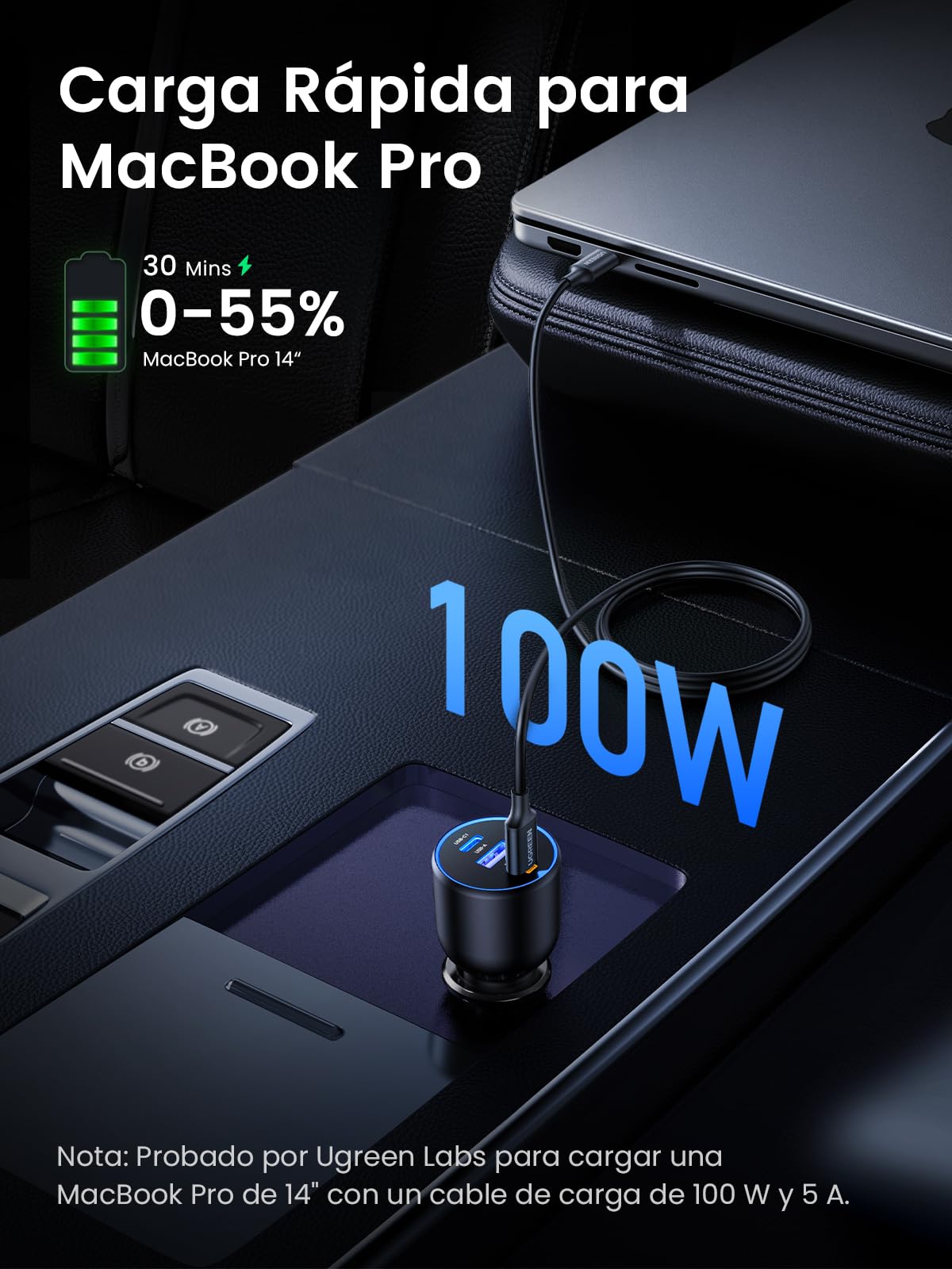 UGREEN 130W Cargador de Coche USB C, Car Charger Tipo C Carga Rápida de 3 Puertos con Cable de 100W, Compatible con iPhone 17 Pro MAX Air/16/15, Samsung Galaxy S25/S24, MacBook, iPad Pro, Air Mini