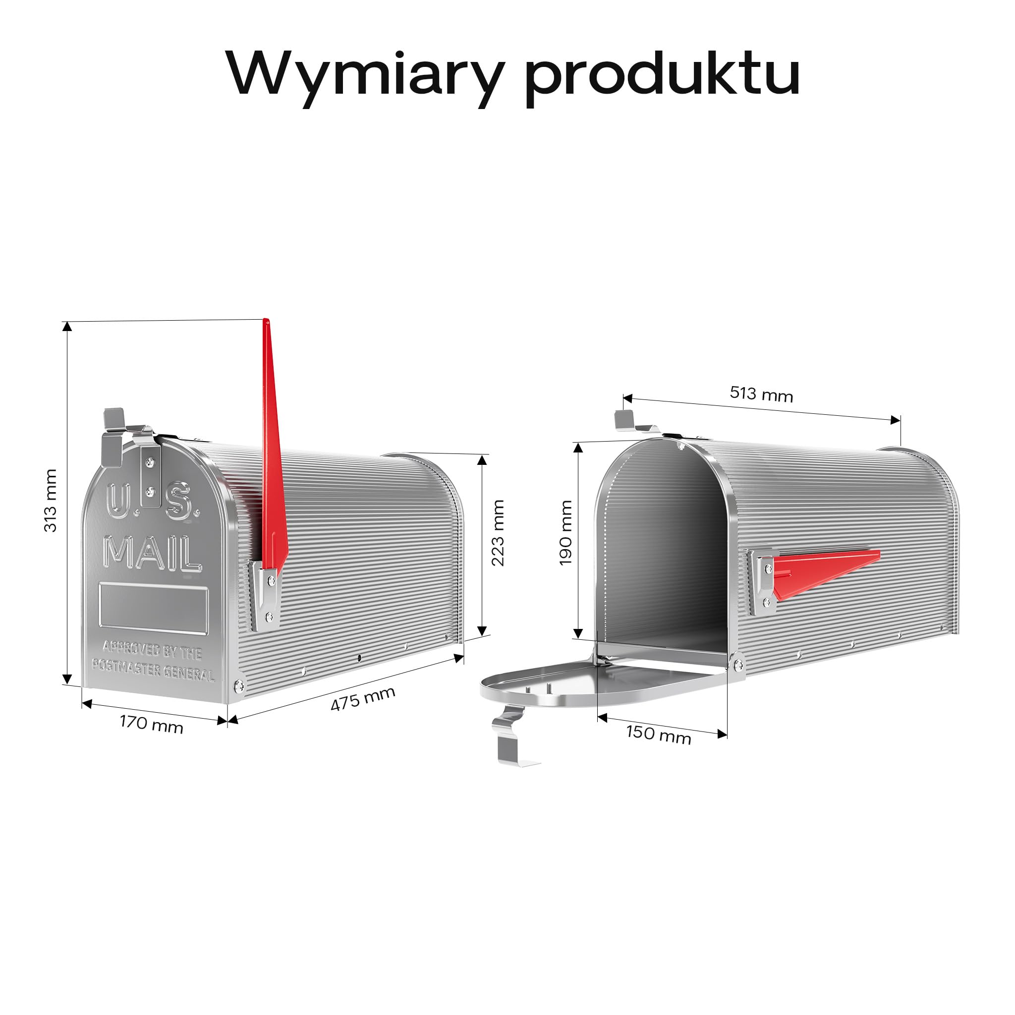 Wiltec Amerykańska skrzynka na listy srebrnoszara z ruchomą flagą, stalowa skrzynka pocztowa odporna na warunki atmosferyczne, design w stylu USA