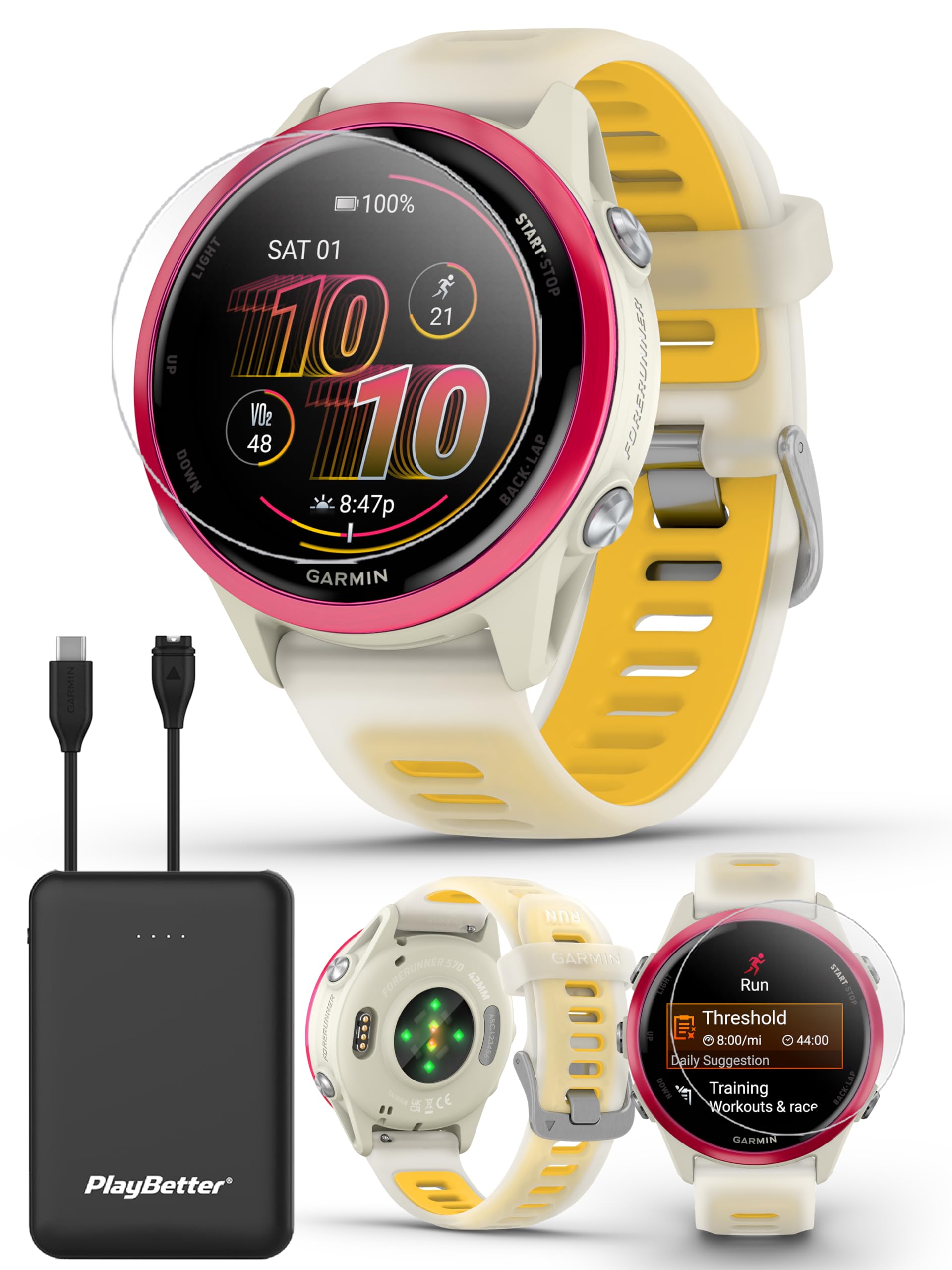 PlayBetter Garmin Forerunner 570 (42 mm, Raspberry/Translucent Bone/Mango) Running GPS Smartwatch - AMOLED Display, Training & Recovery - Bundle