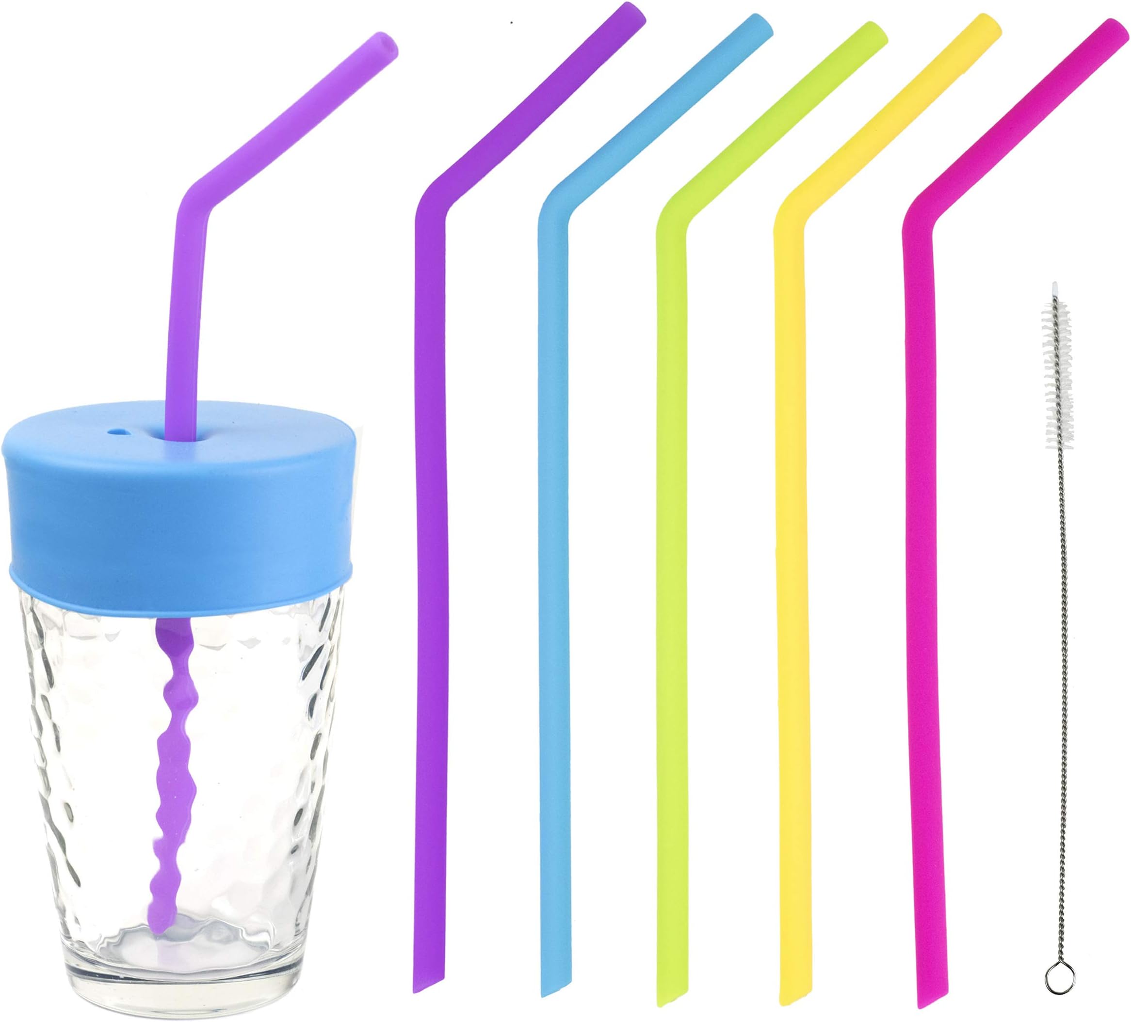 Silicone Straws, Reusable Drinking Straws Kids, Colourful Standard Width Bend BPA Free Eco Friendly with Premium Spill Proof Travel Lid, 6 Pack