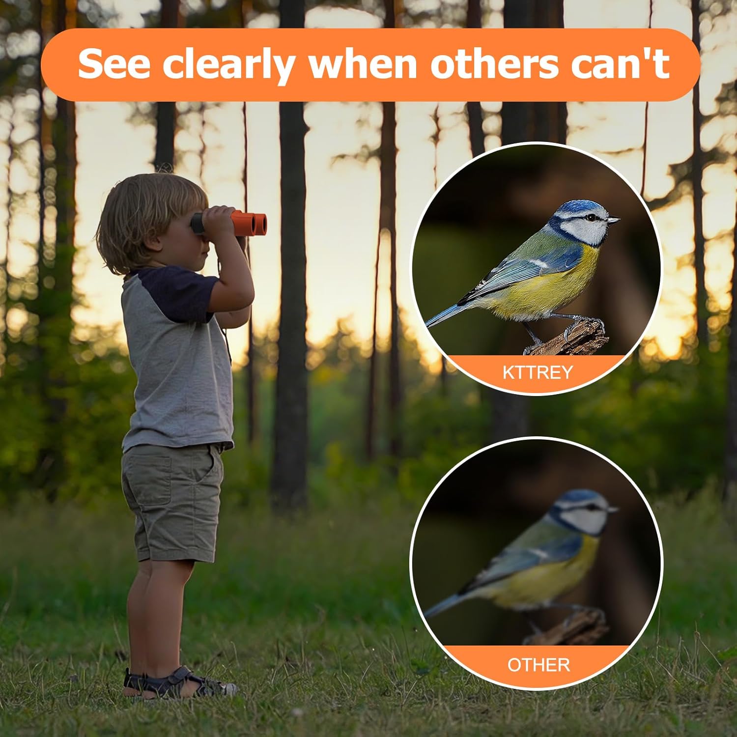 8x21 Kids Binoculars - Lightweight Compact Binoculars for Children Ages 4-12, Clear Low Light Vision for Bird Watching, Camping, Concerts & Outdoor Adventures (Orange)