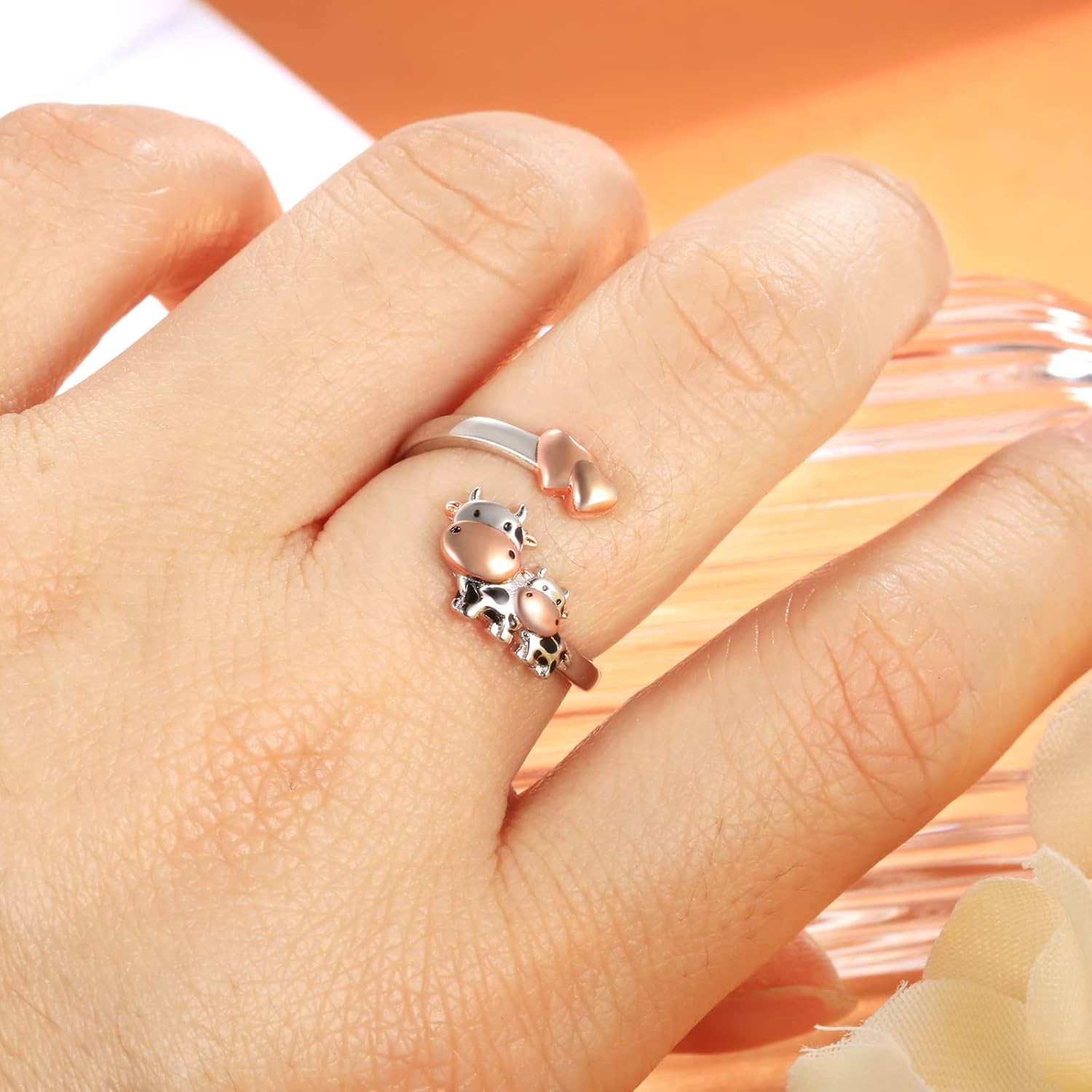 Cow Dinosaur Penguin Mom Daughter Son Ring Adjustable 925 Sterling Silver Cute Animal Jewelry Gifts for Women Mothers Day