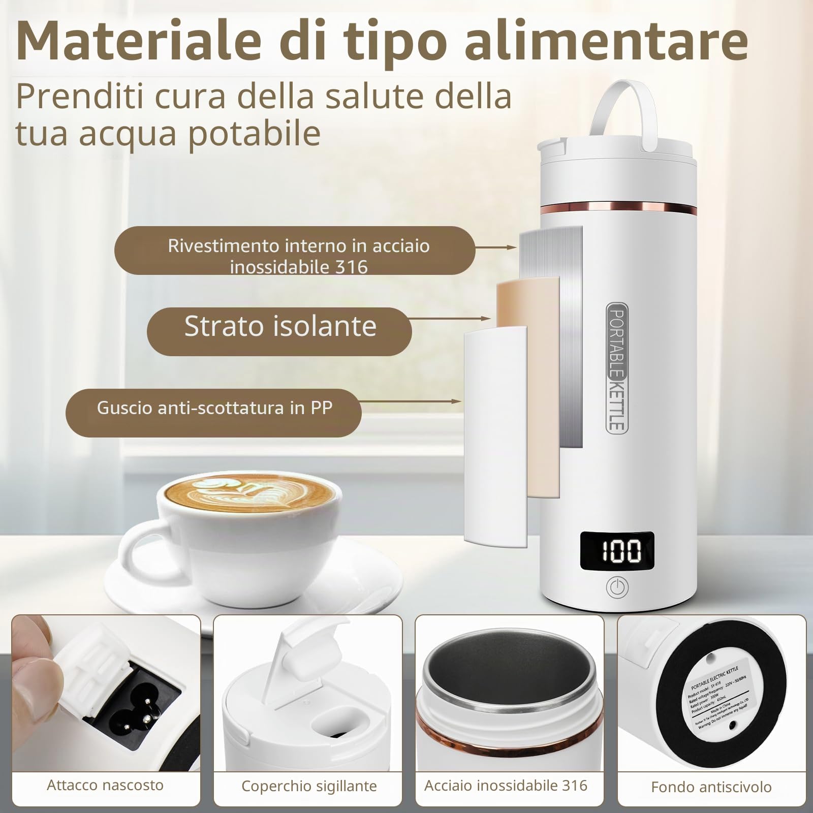 Bollitore da viaggio in acciaio inox 316, 450 ml, 6 impostazioni di temperatura, 240 V/300 W, catena elettrica con spegnimento automatico per tè, caffè