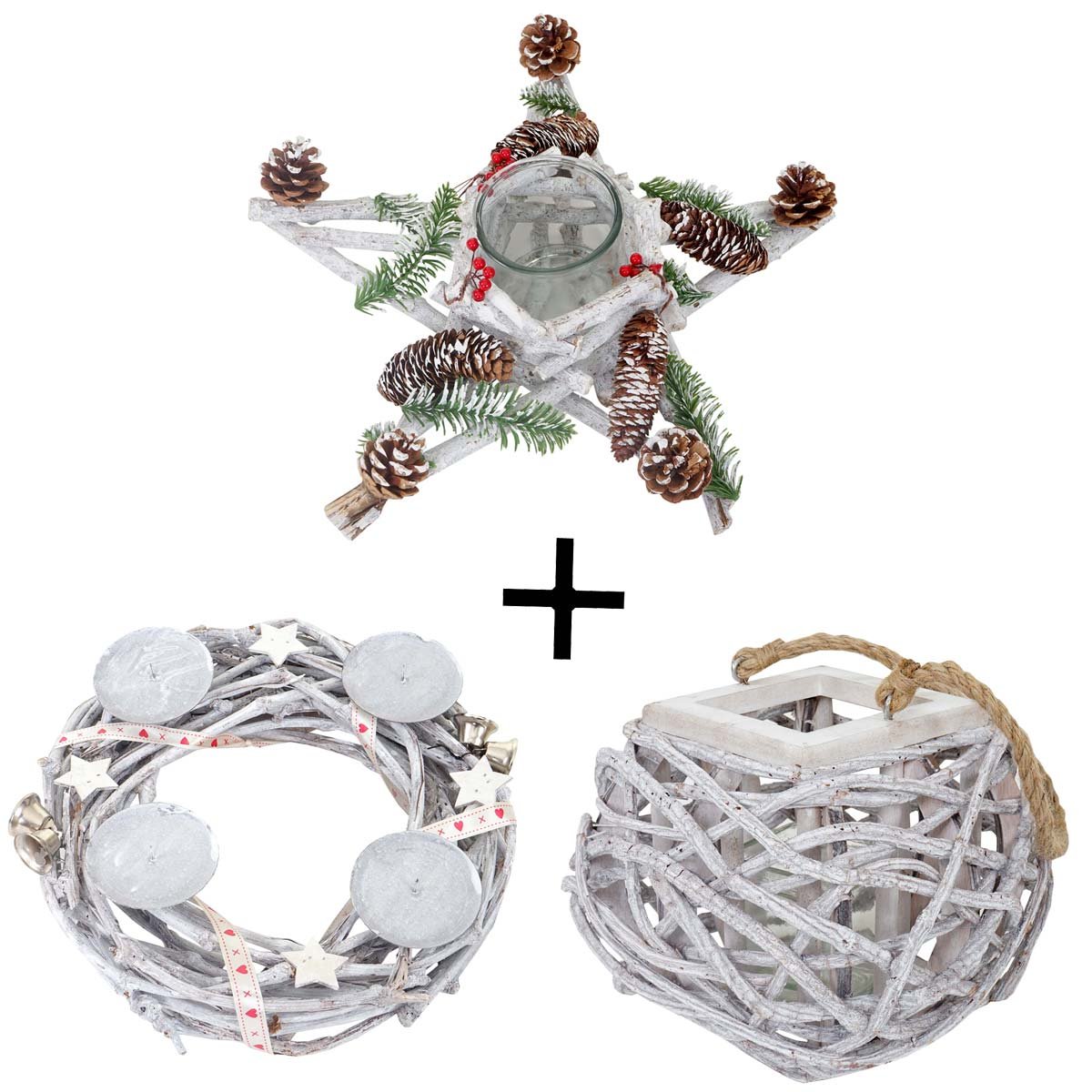 Mendler 3er Set Adventskranz + Windlicht + Gesteck