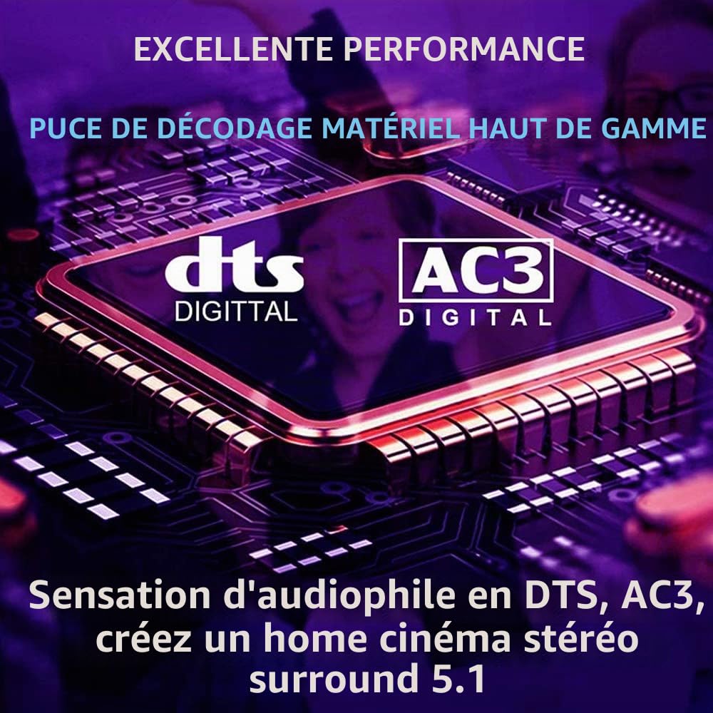 Décodeur Audio 5.1 DTS Dolby avec U-Disk HDMI Bluetooth 5.0, Fibre Optique ARC Coaxial, DAC DTS AC3 FLAC APE 4K/2K Convertisseur SPDIF ARC