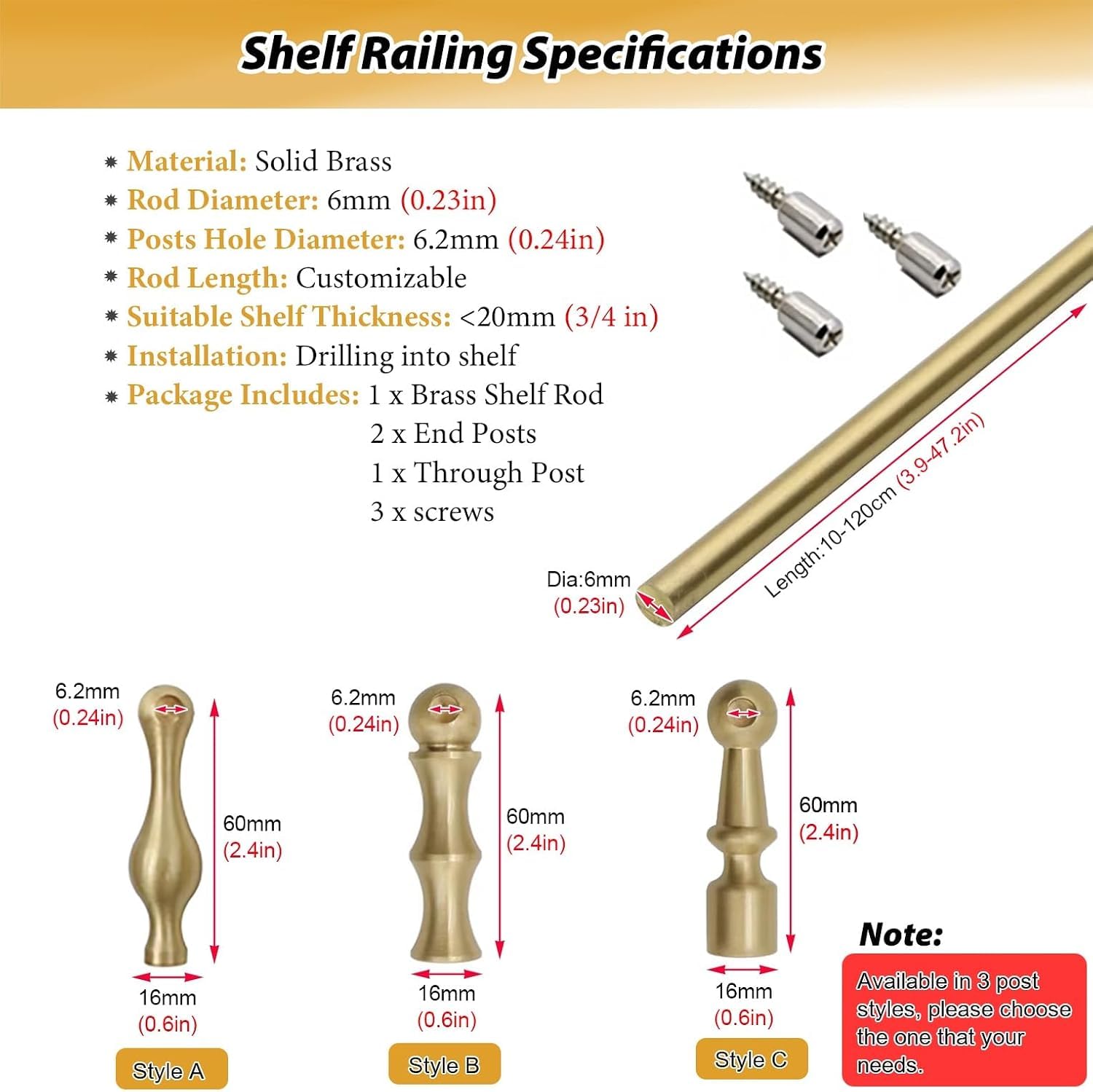 Regalschutzleiste Aus Messing, Dekorative Regalschiene, 10–120 cm Verstellbare Massive Messingstange Mit Pfosten, Beschläge Mit Gebürsteten Goldkanten Für Schränke Und Wandregale Style A