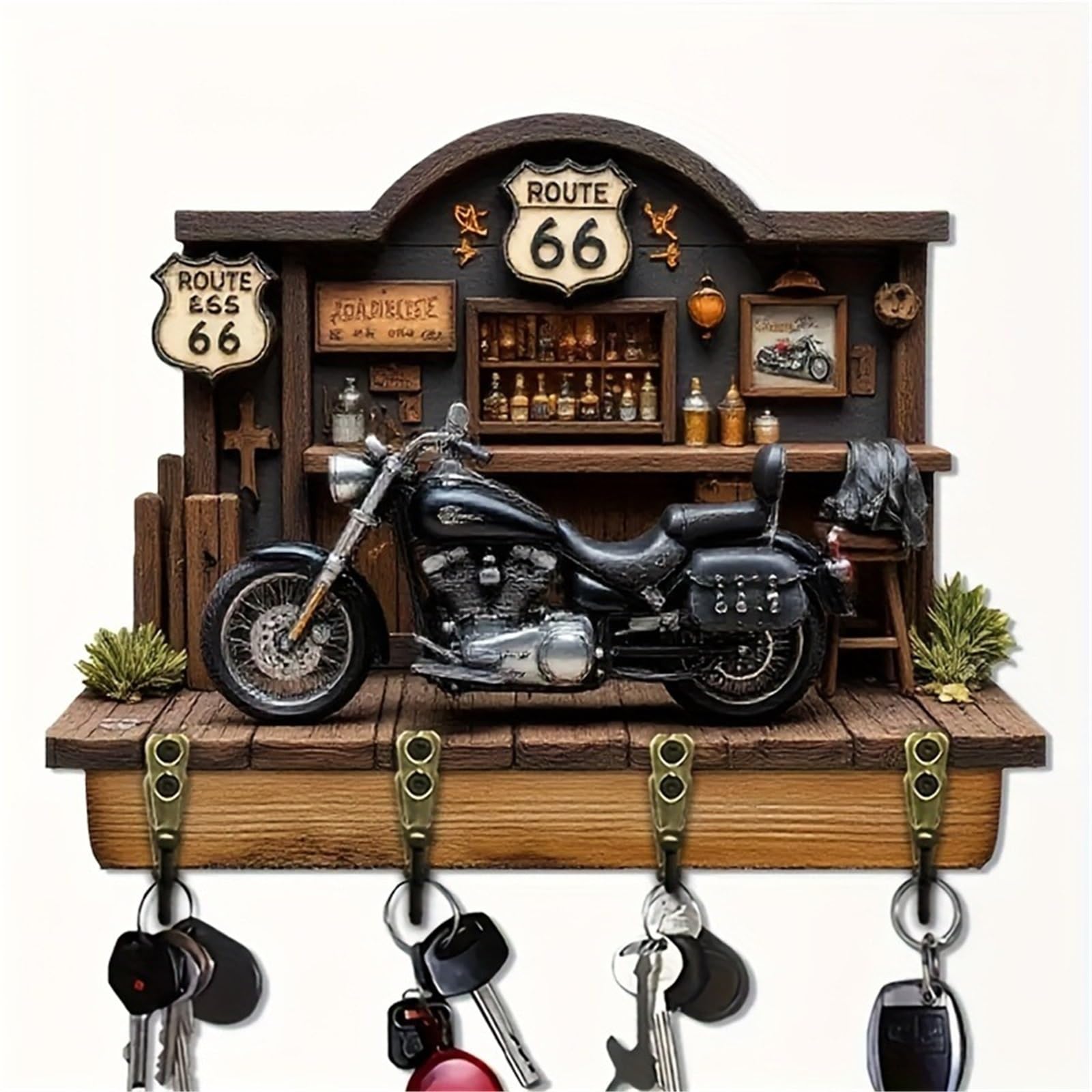 Motorbike Bar Theme Wooden Key Holder - 2D Flat Design With 4 Metal Hooks For Wall Decor