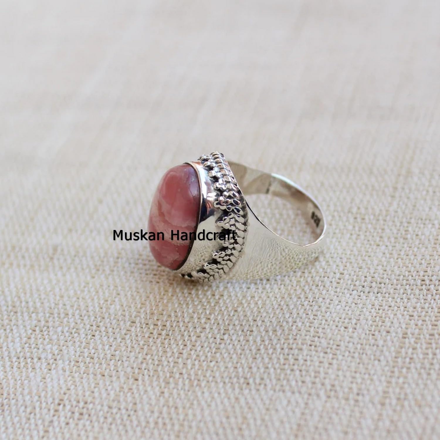 Unique Rhodochrosite Oval Gemstone Bohemian Ring for Women | Solid 925 Sterling Silver Handmade Statement Band | Perfect Christmas Gift Idea