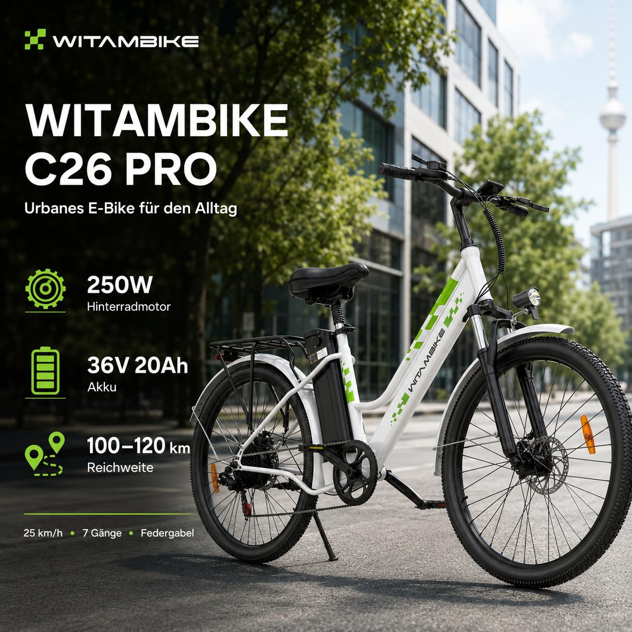 E-Bike 250W Motor 48V20 Akku 7-Gang mit Federdämpfung Scheibenbremsen | 25 km/h Höchstgeschwindigkeit, 100-120 km Reichweite, Scheibenbremsen, Herren & Damen, Stadt & Gelände