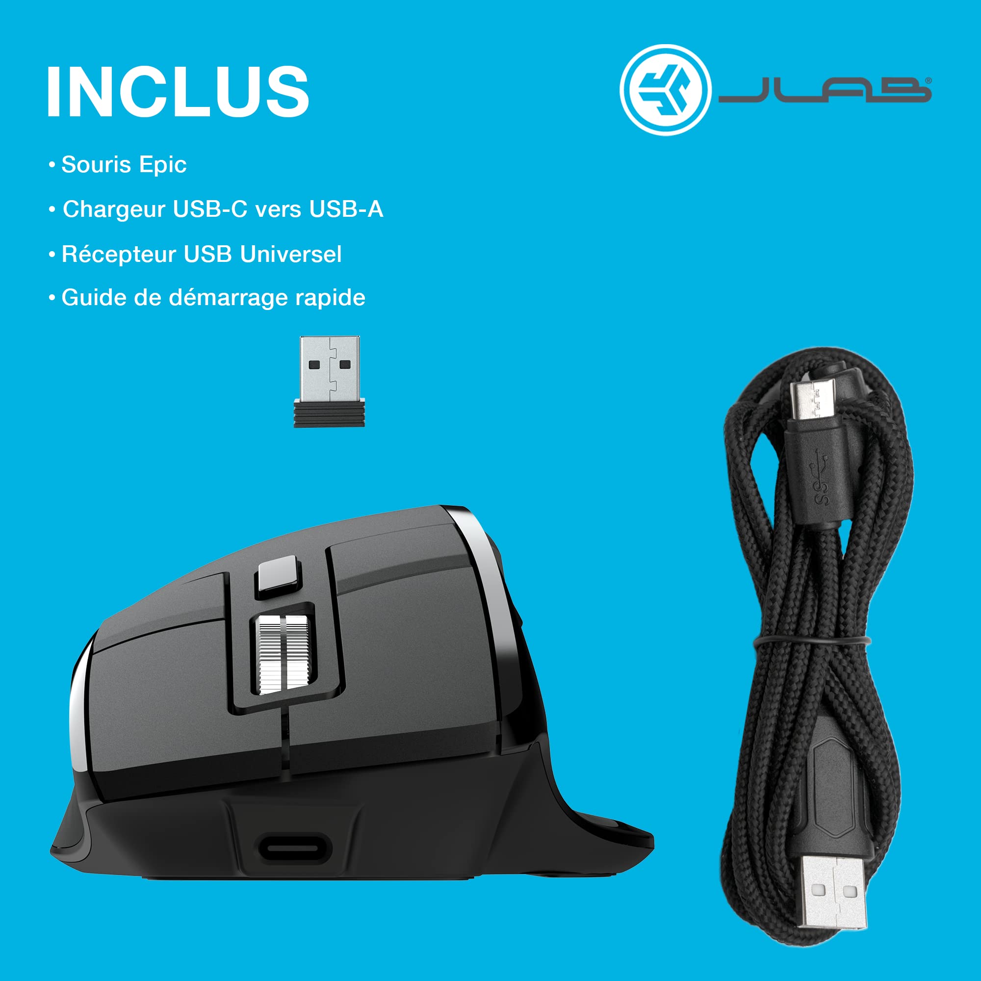 JLab Epic Souris sans Fil Bluetooth Rechargeable - Ergonomique Silencieuse | Souris Ergonomique sans Fil Silencieuse, Bluetooth/Récepteur USB Multi Appareils, pour PC Portable/Ordinateur/Tablette/Mac