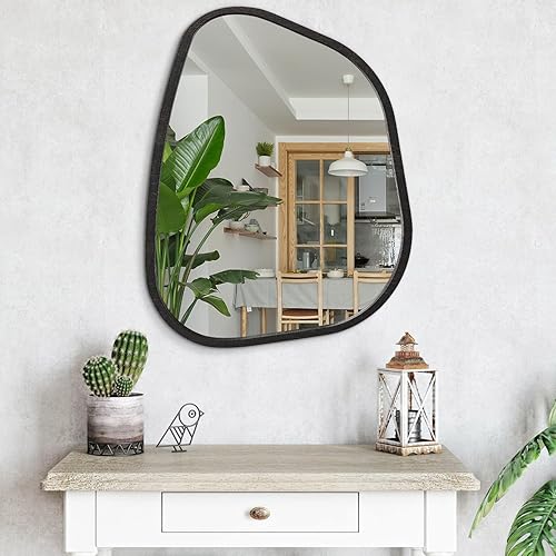 Miniatura 304 de Espejo de pared irregular de 26 x 18 pulgadas, espejo de baño grande asimétrico con marco de madera, espejos decorativos artísticos modernos