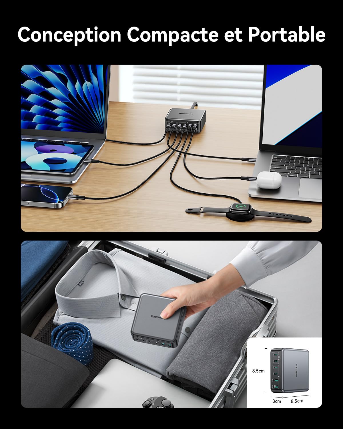 Multiple USB C Charger 270W Rocoren with GaN, USB C Charger 100W Multiple USB Socket for MacBook Air/Pro, iPhone 16/15/14, iPad, Galaxy, Steam Deck, Acer
