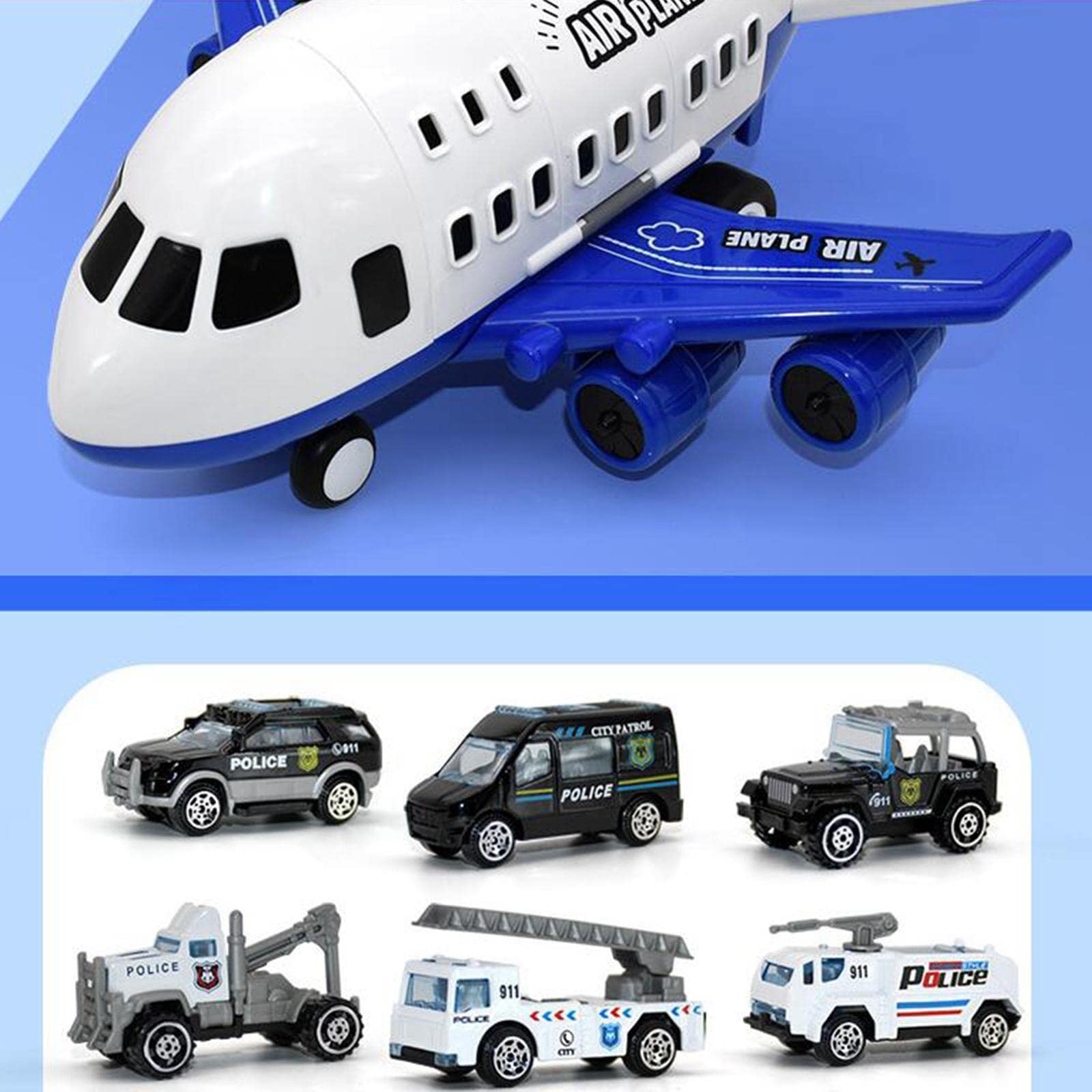 Set di Giocattoli per Bambini con Aereo E Contenitore Portaoggetti E Pista Inerziale, Blu 6 Auto Della Polizia
