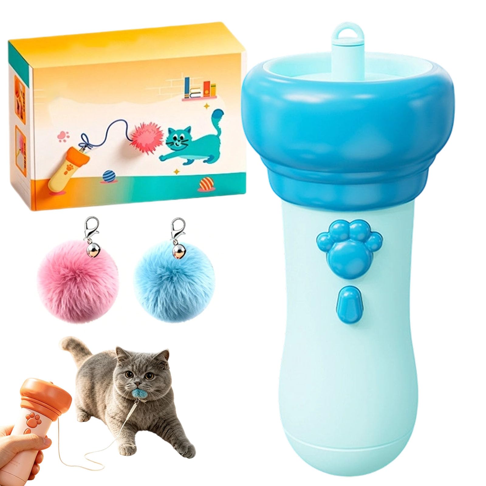 Qosigote Interactive Pom-Pom Launcher Tod For Cats, Cat Toys (Blue)