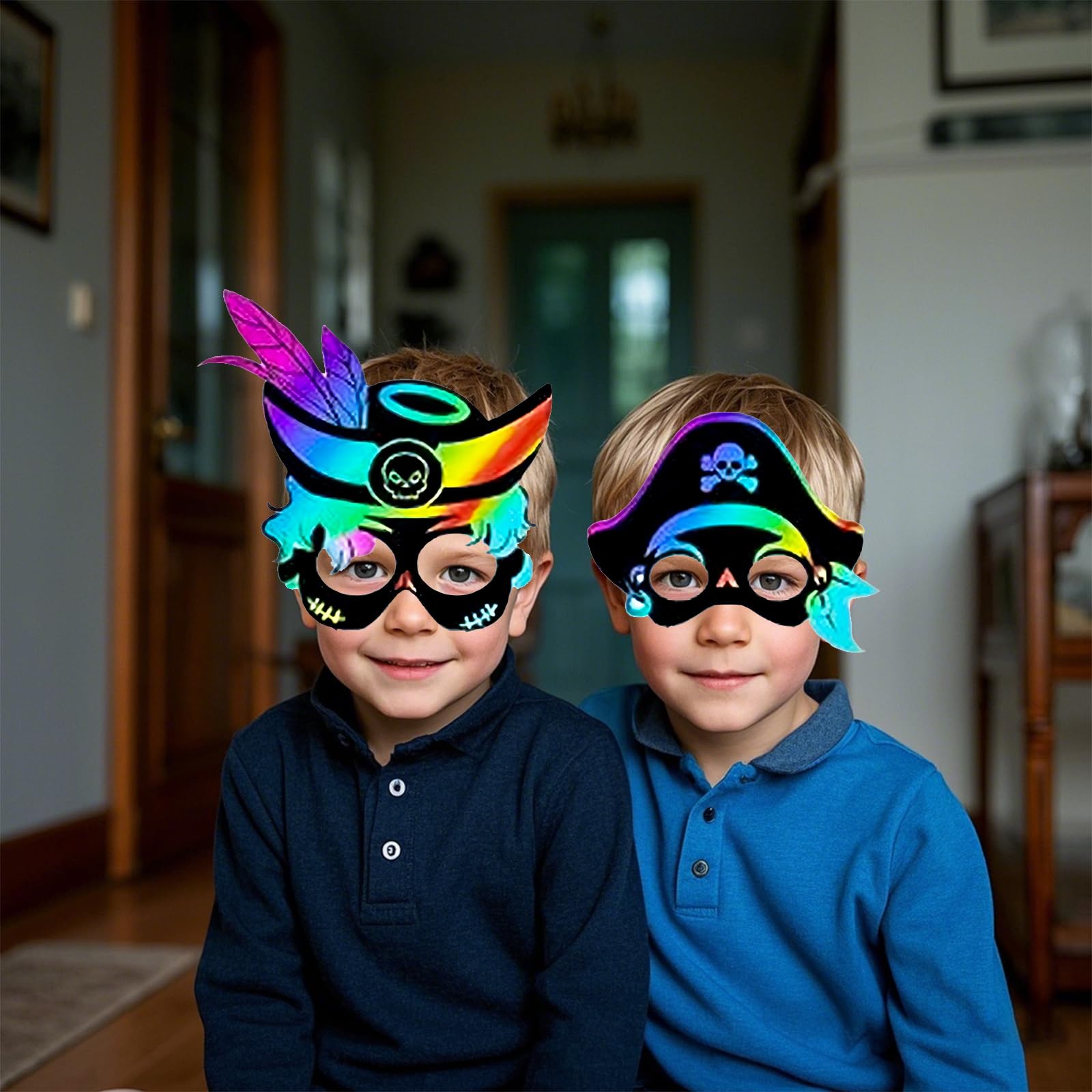 Lot de 48 masques de pirate arc-en-ciel à gratter pour anniversaire