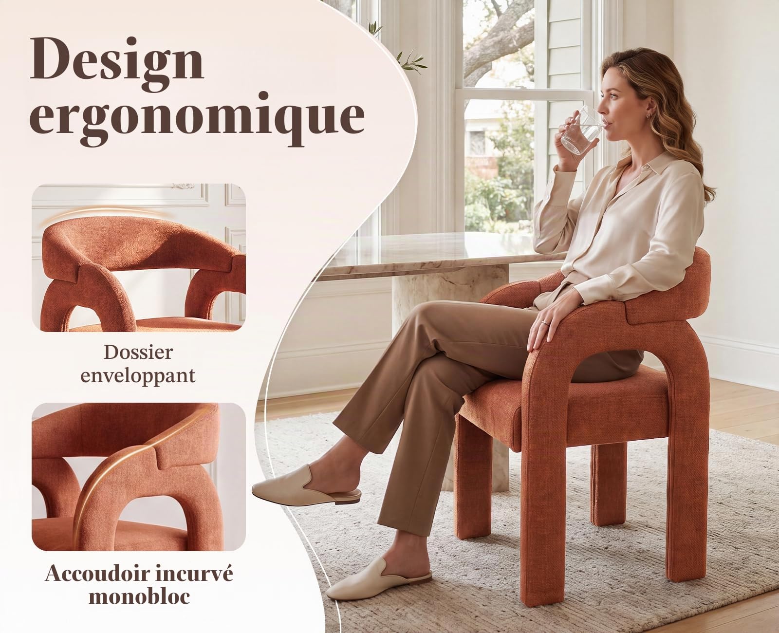 Ya-Home Chaise de Salle à Manger en Chenille Lot de 2 Coussin Epais, Orange