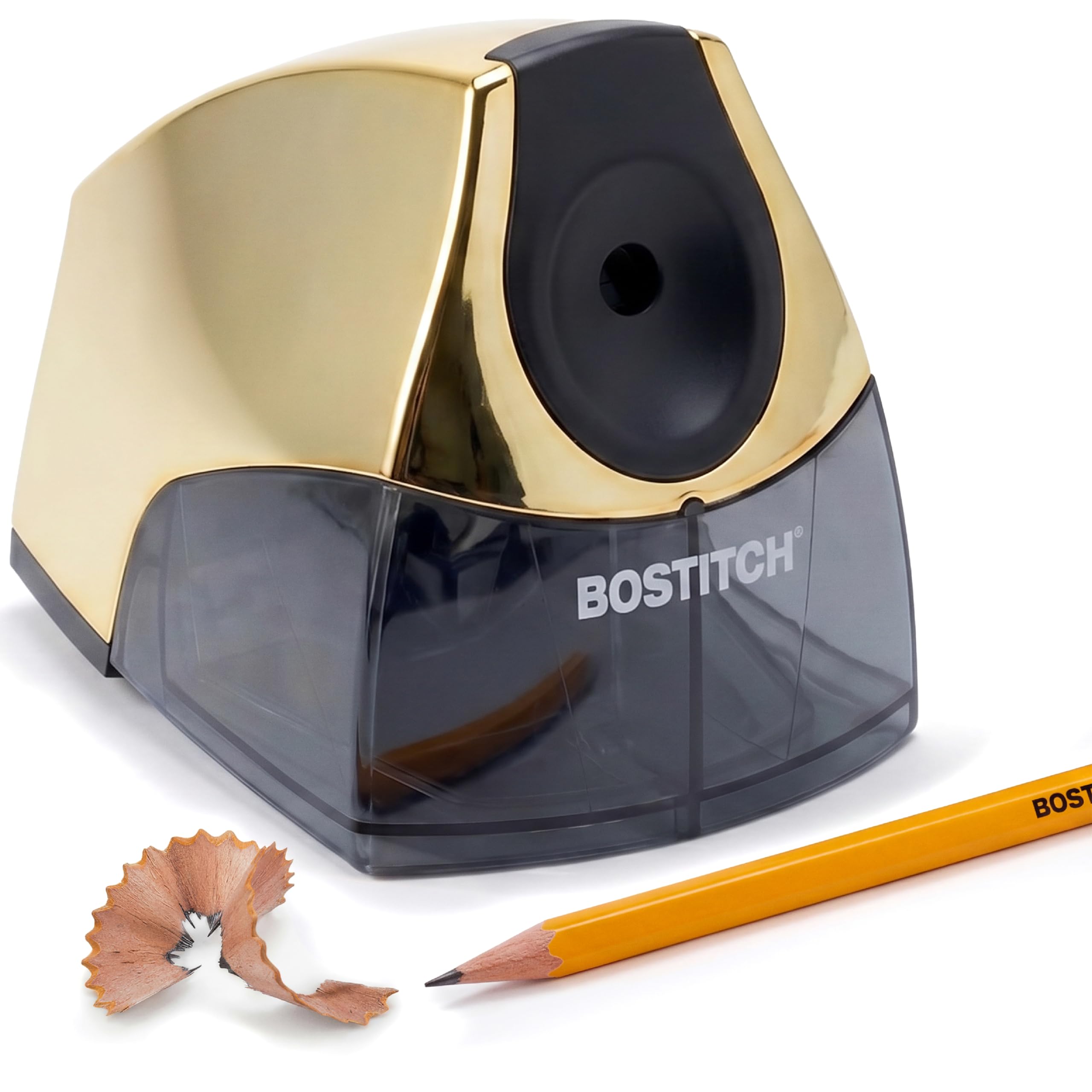 Bostitch Office Electric Pencil Sharpener for Classroom &amp; Desk Use, Heavy-Duty Stall-Free Motor, High-Capacity Shavings Tray, Gold Chrome